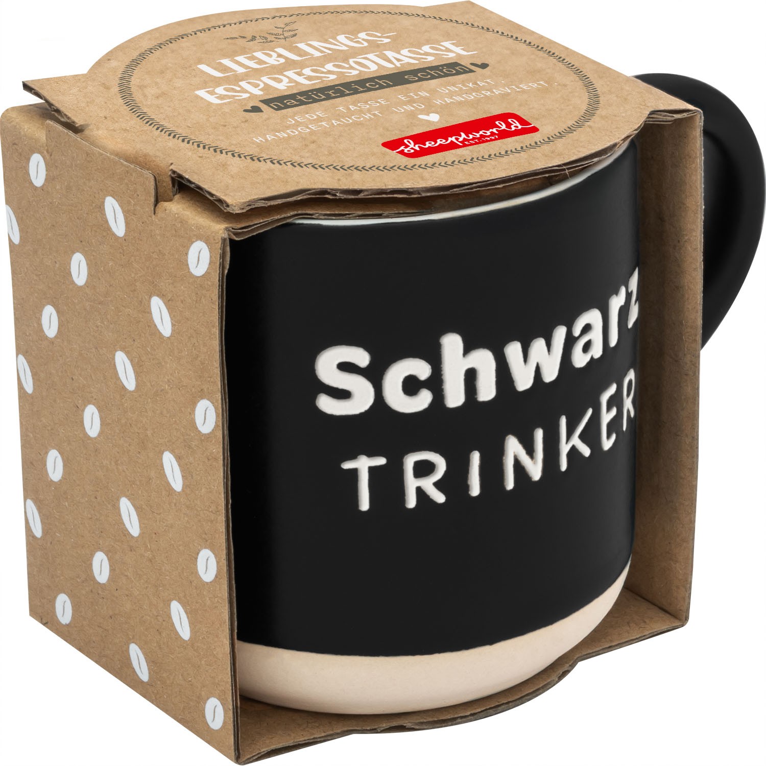 Schwarze Espressotasse mit Schriftzug Schwarztrinker in matter Optik, Verpackung aus Pappe