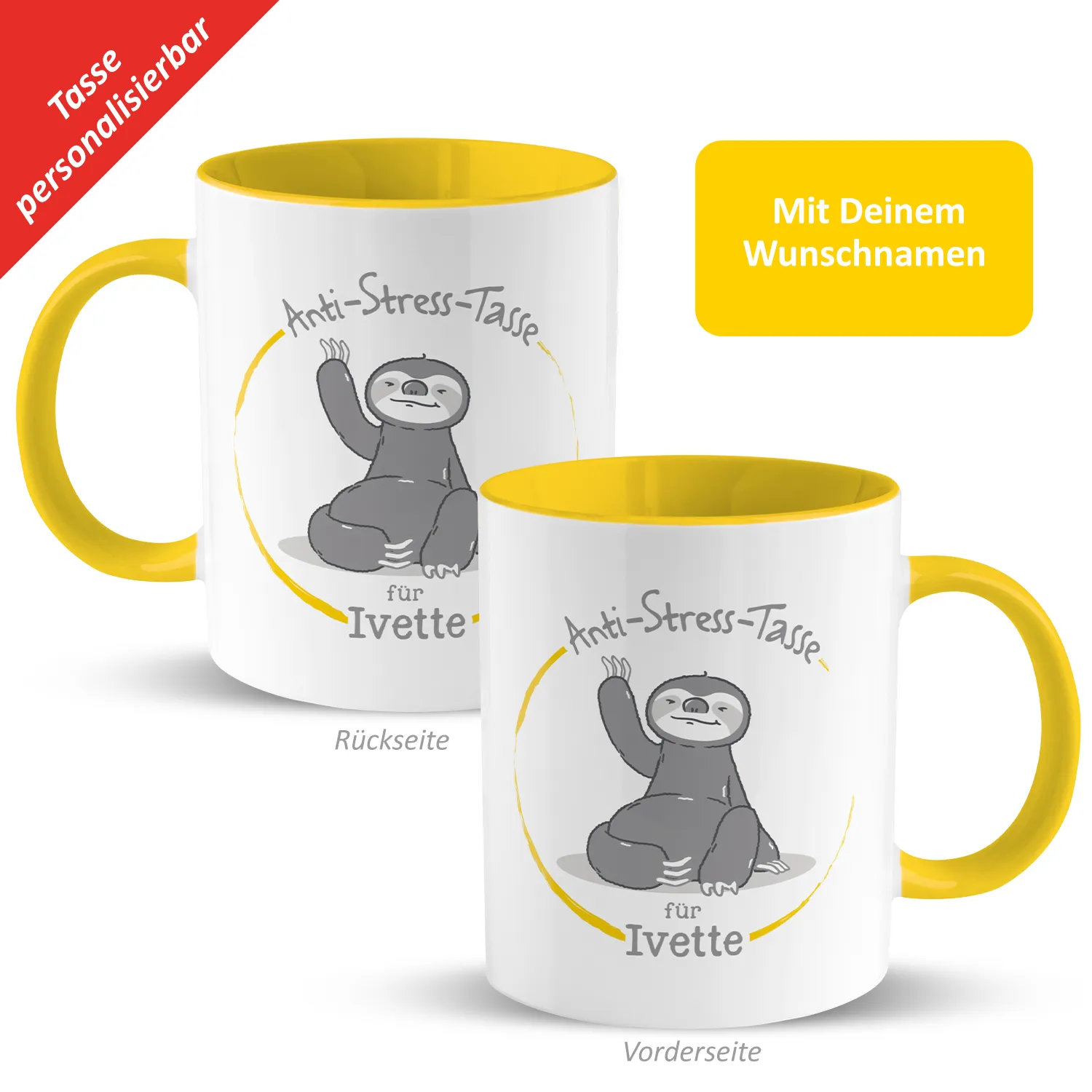Personalisierte Anti-Stress-Tasse mit Faultier-Motiv und Wunschname, gelber Innenraum