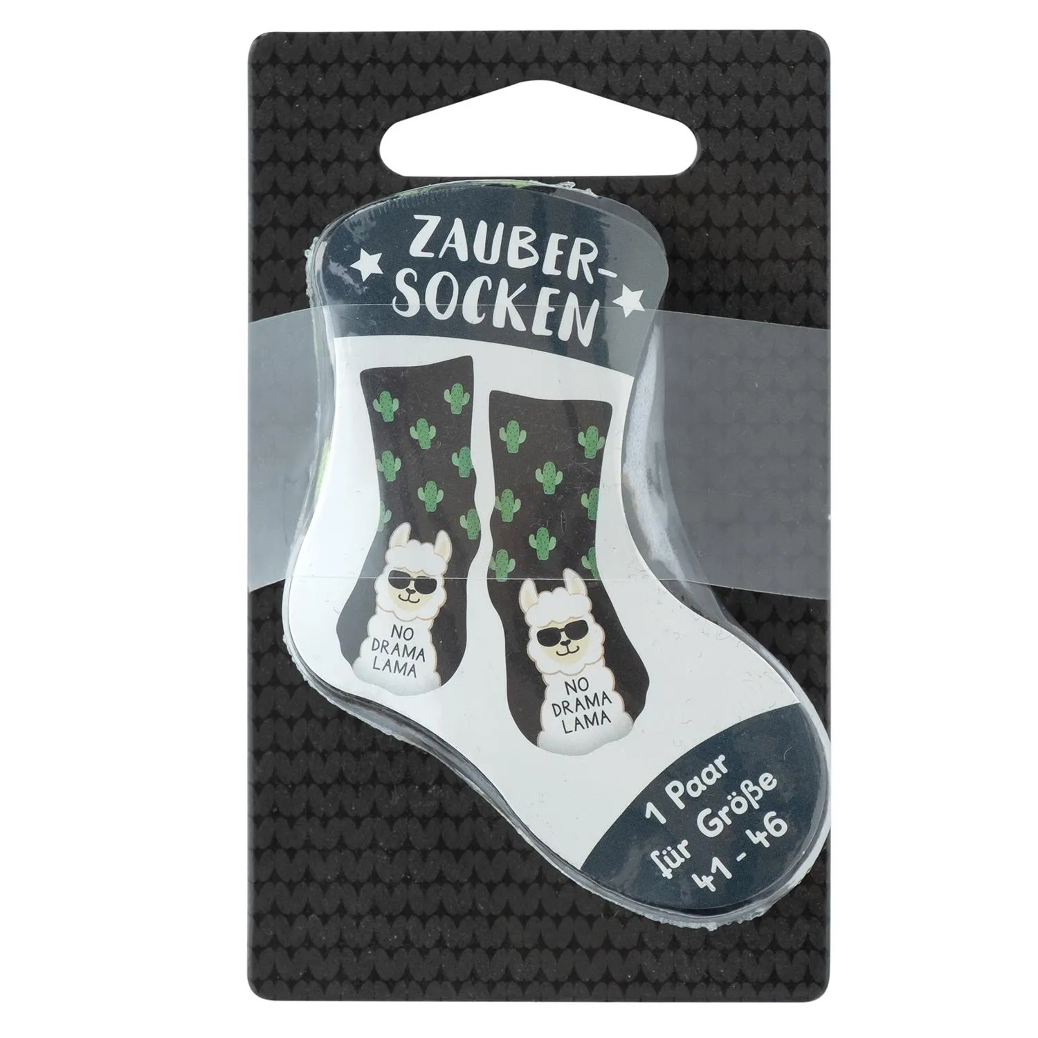 Zaubersocken No Drama Lama – schwarze Socken mit Lama-Sonnenbrille und Kakteen