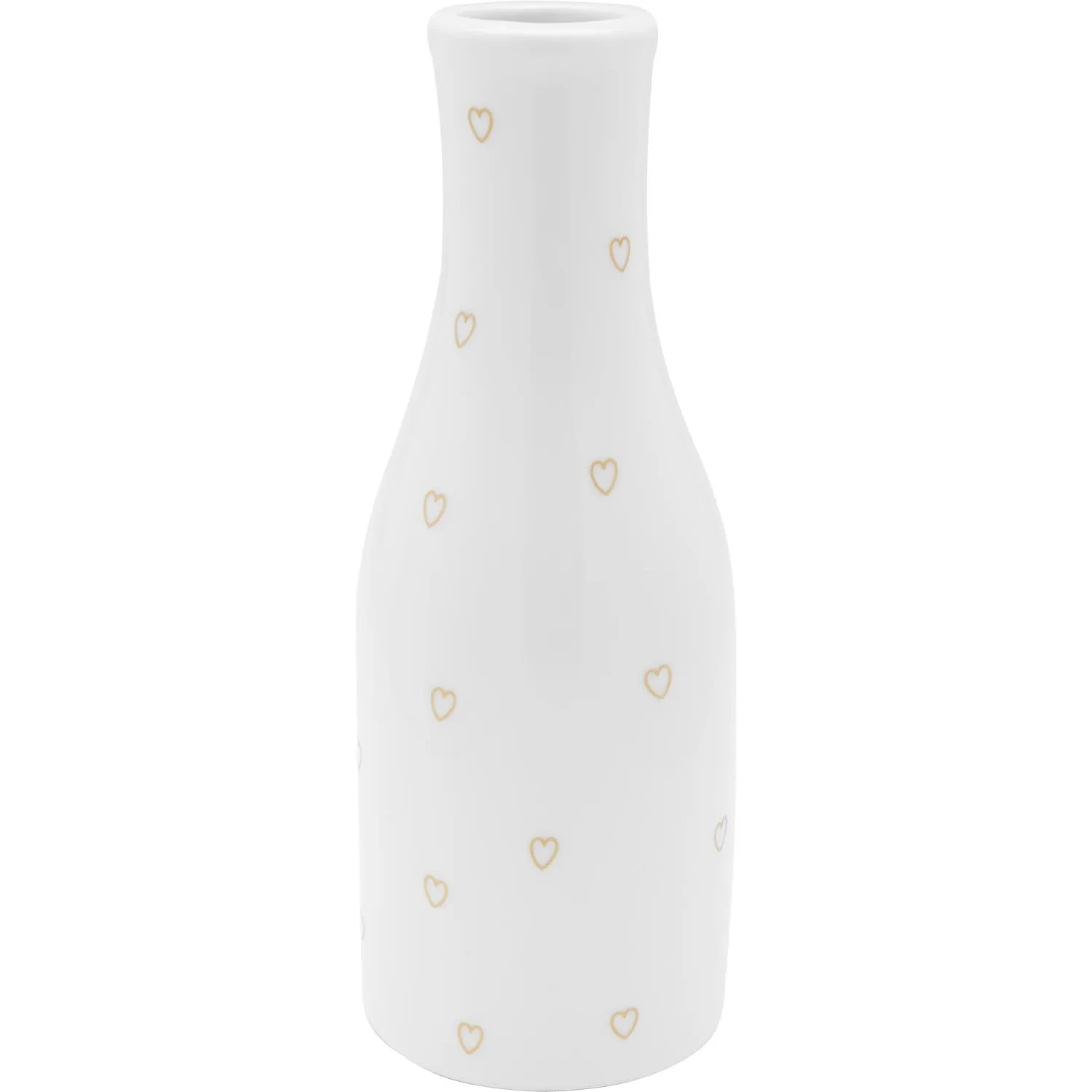 Weiße Porzellanvase mit goldenen Herzchen, 15 cm hoch; Geschenkidee zum Muttertag.