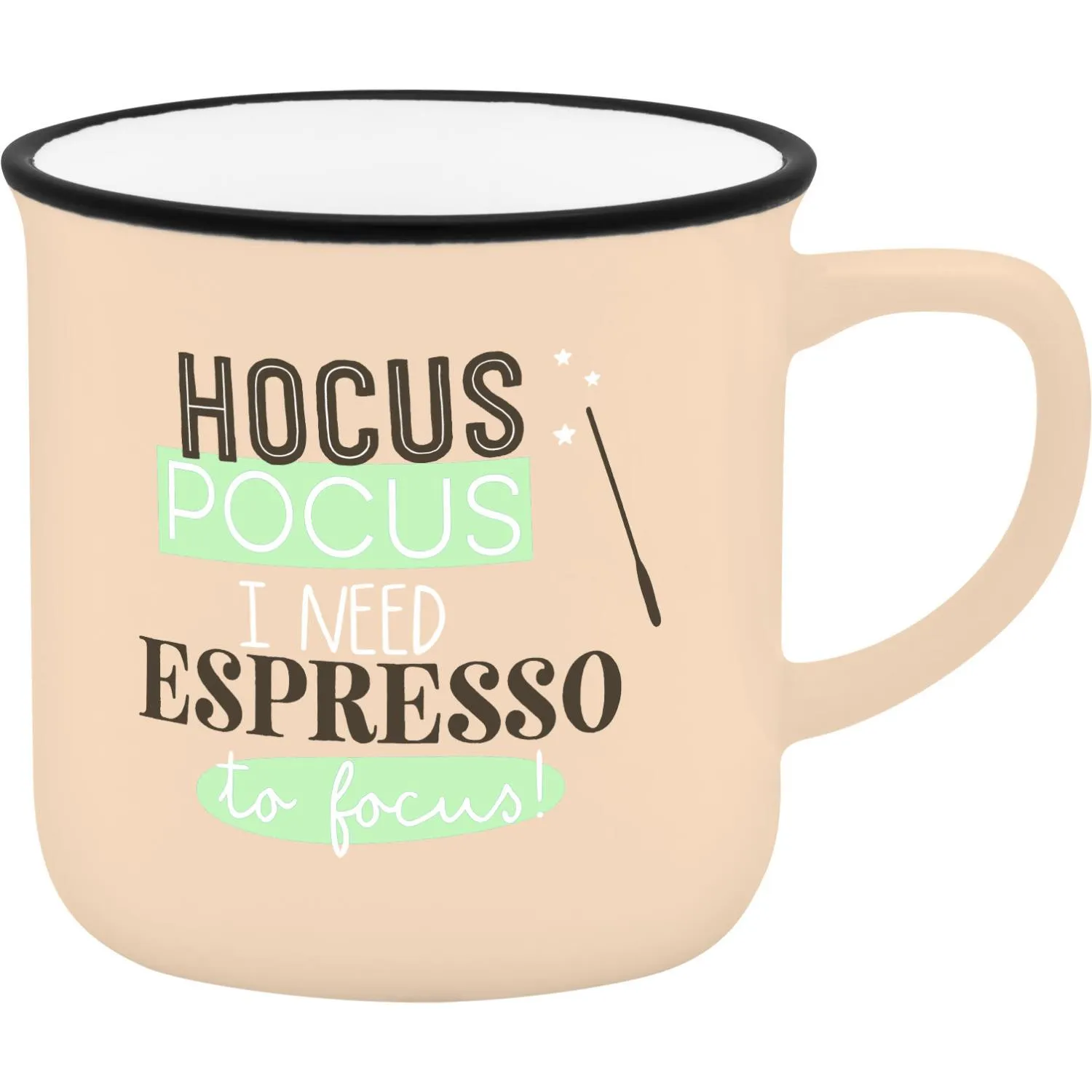 Beiger Espressobecher mit Spruch: Hocus Pocus I need Espresso to focus!