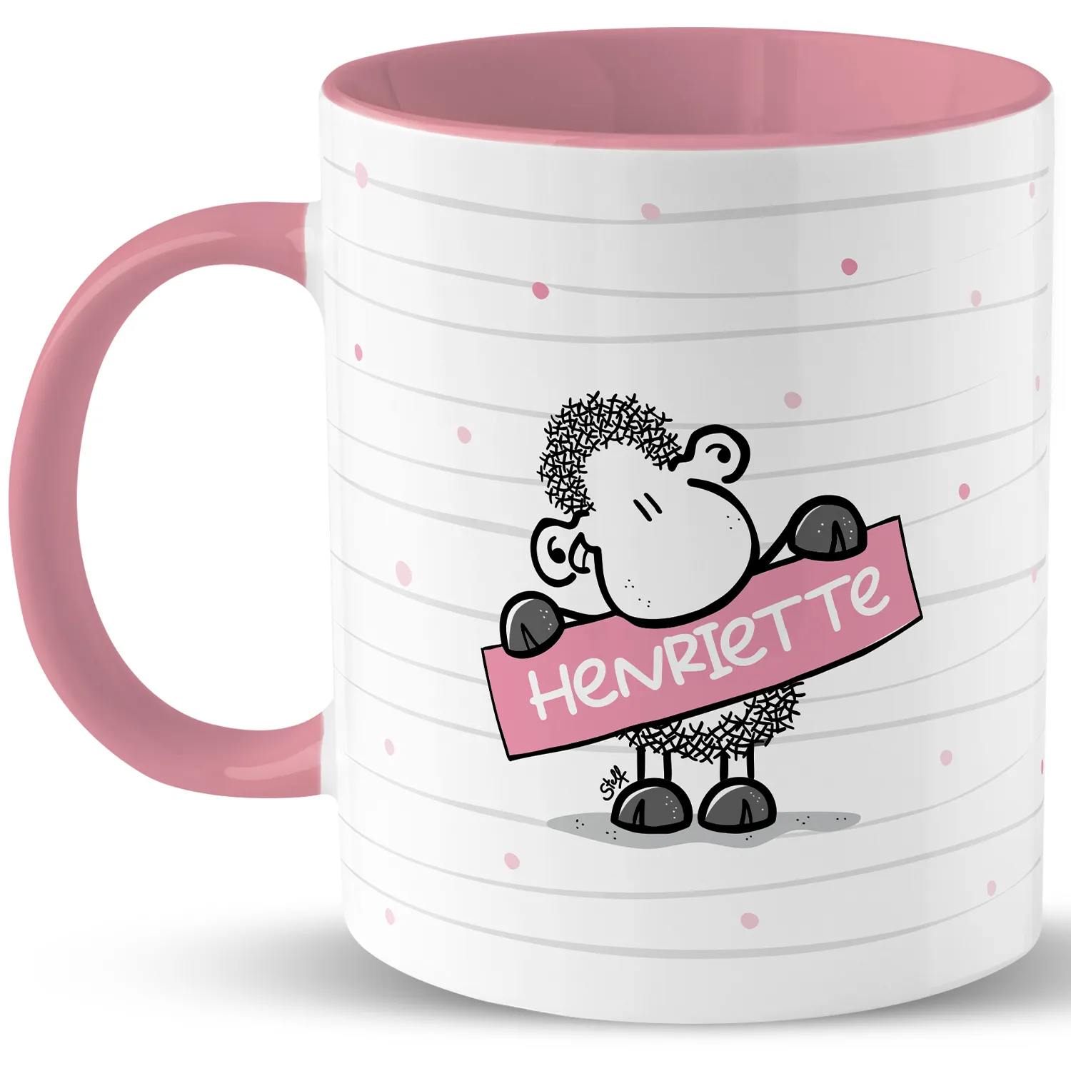 Personalisiertes Porzellan mit Schafmotiv und rosa Namensbanner