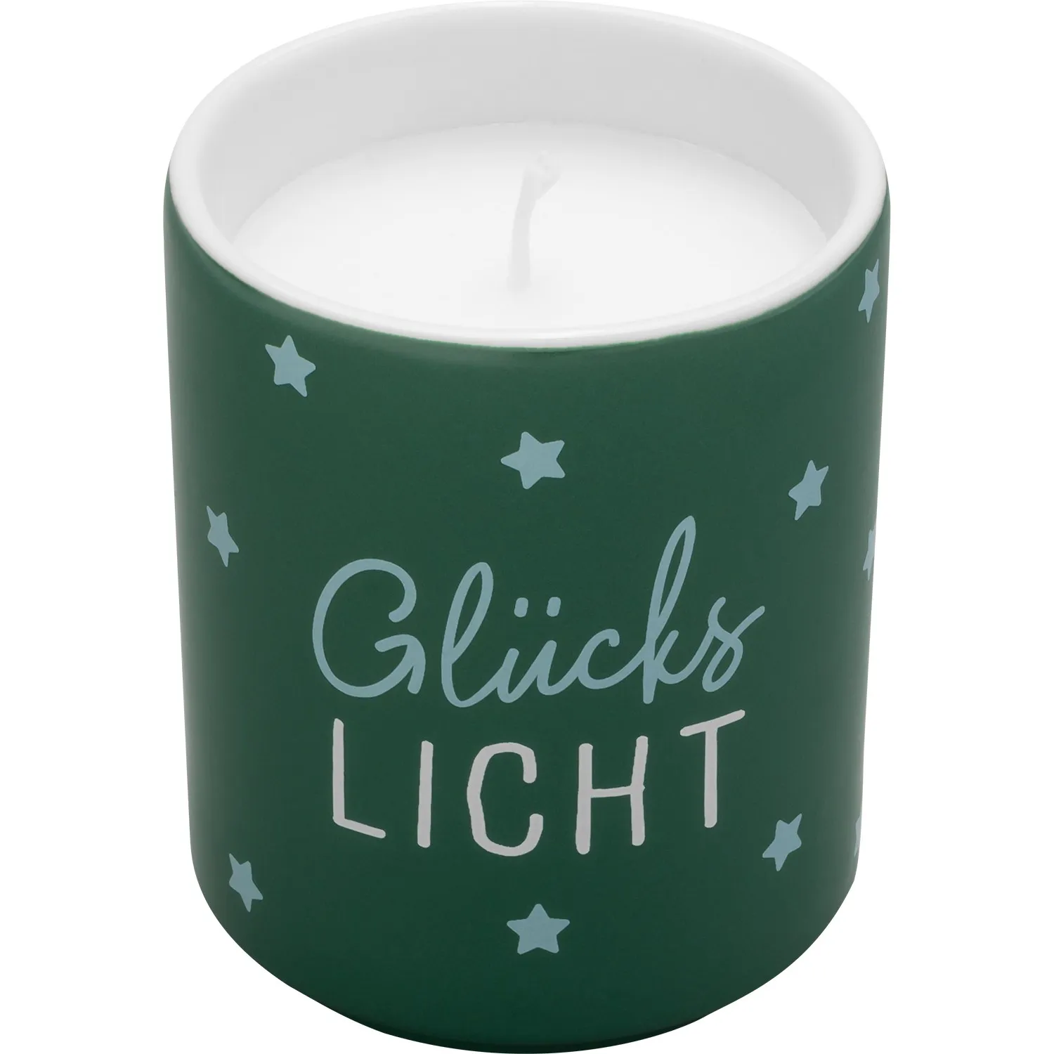 Grüne Duftkerze in Porzellanbehälter mit Sternchenmotiv und Glückslicht-Aufdruck.