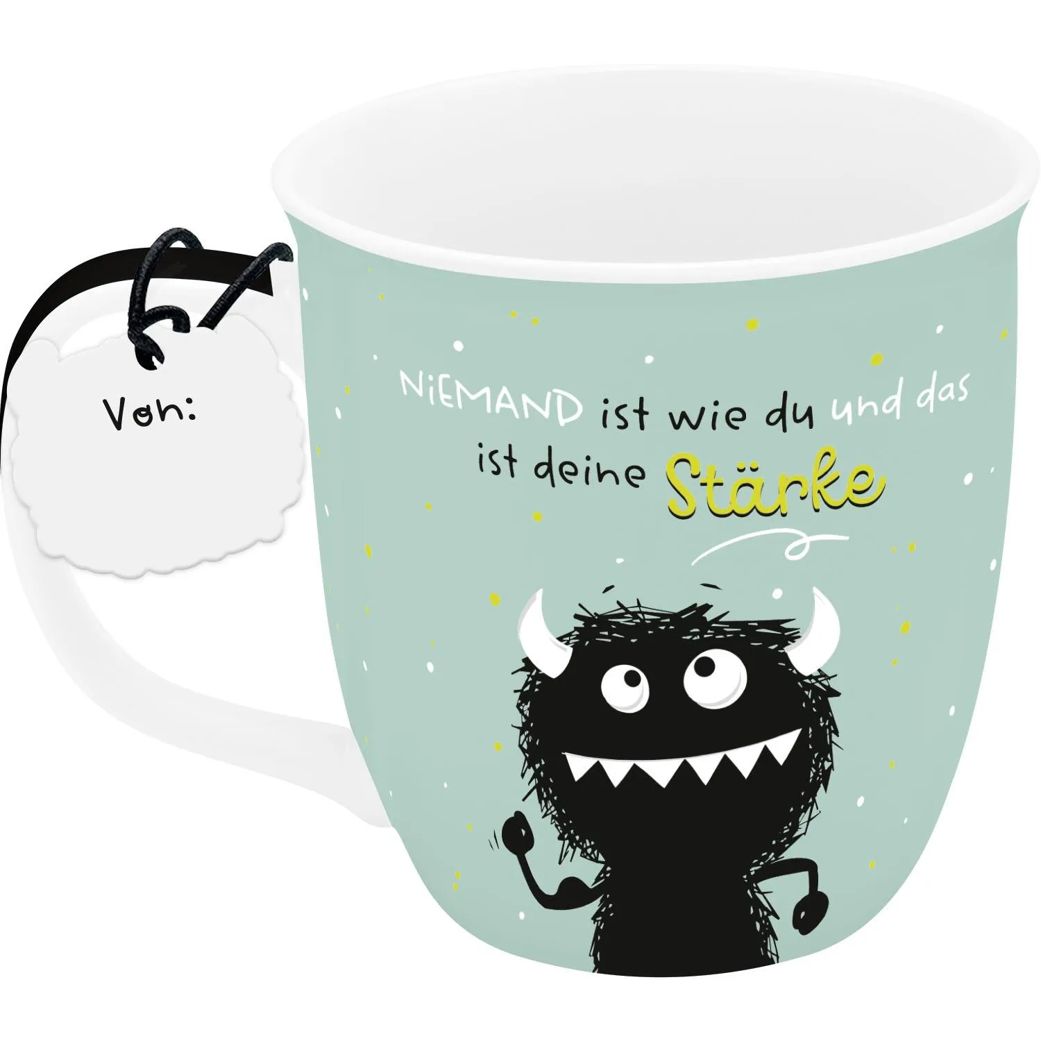 Pastellmintfarbige Tasse mit schwarzem Monster-Motiv und gelbem Spruch.