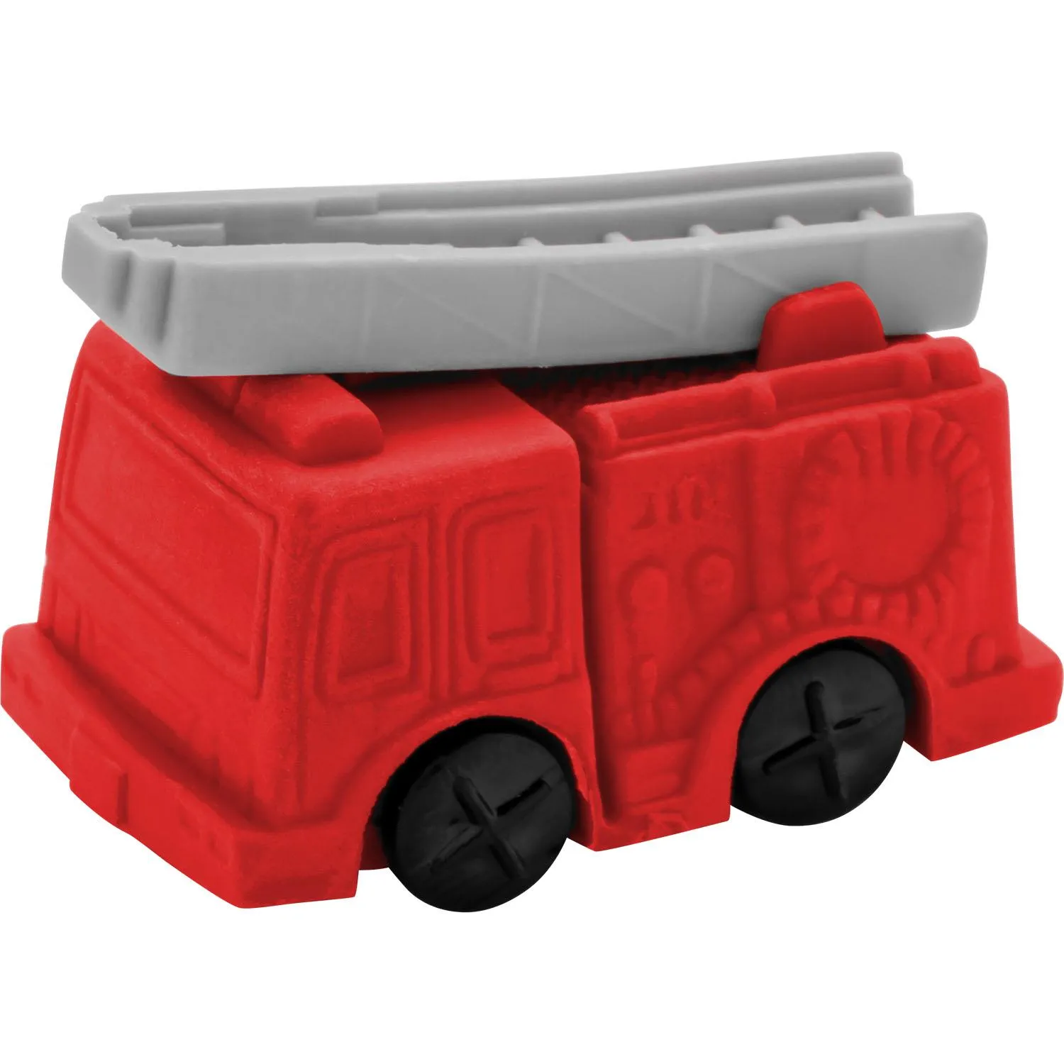 Rotes Feuerwehrauto-Eraser aus Gummi mit schwarzen Rädern.