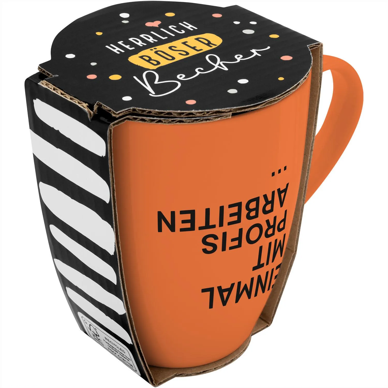 Oranger Keramikbecher mit Spruch »Einmal mit Profis arbeiten ...« und Geschenkbox