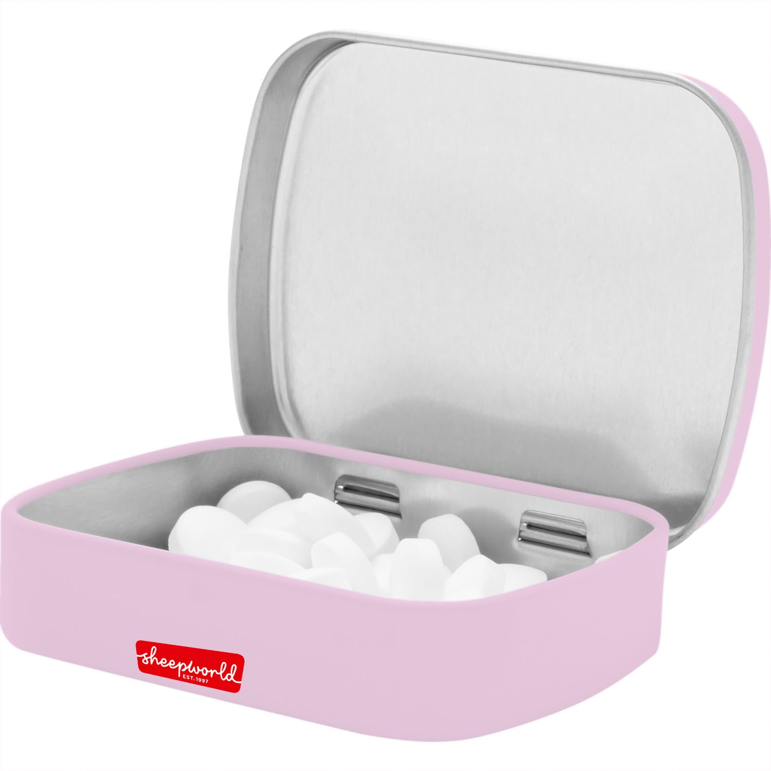 Pastellrosa Mintdose mit weißen Pastillen und Sheepworld-Logo
