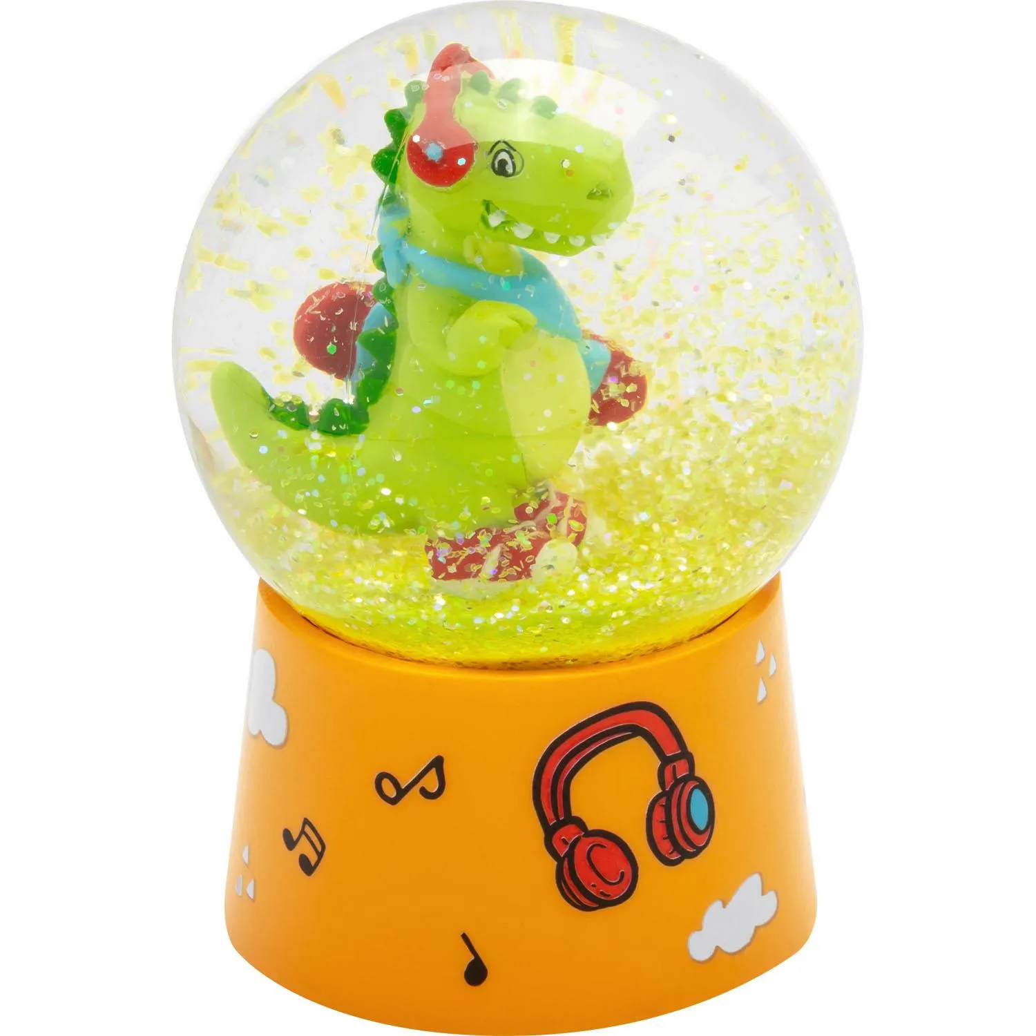 Kleine Schneekugel-Dinosaurierfigur in Gelb-Glitzer auf orange Basis