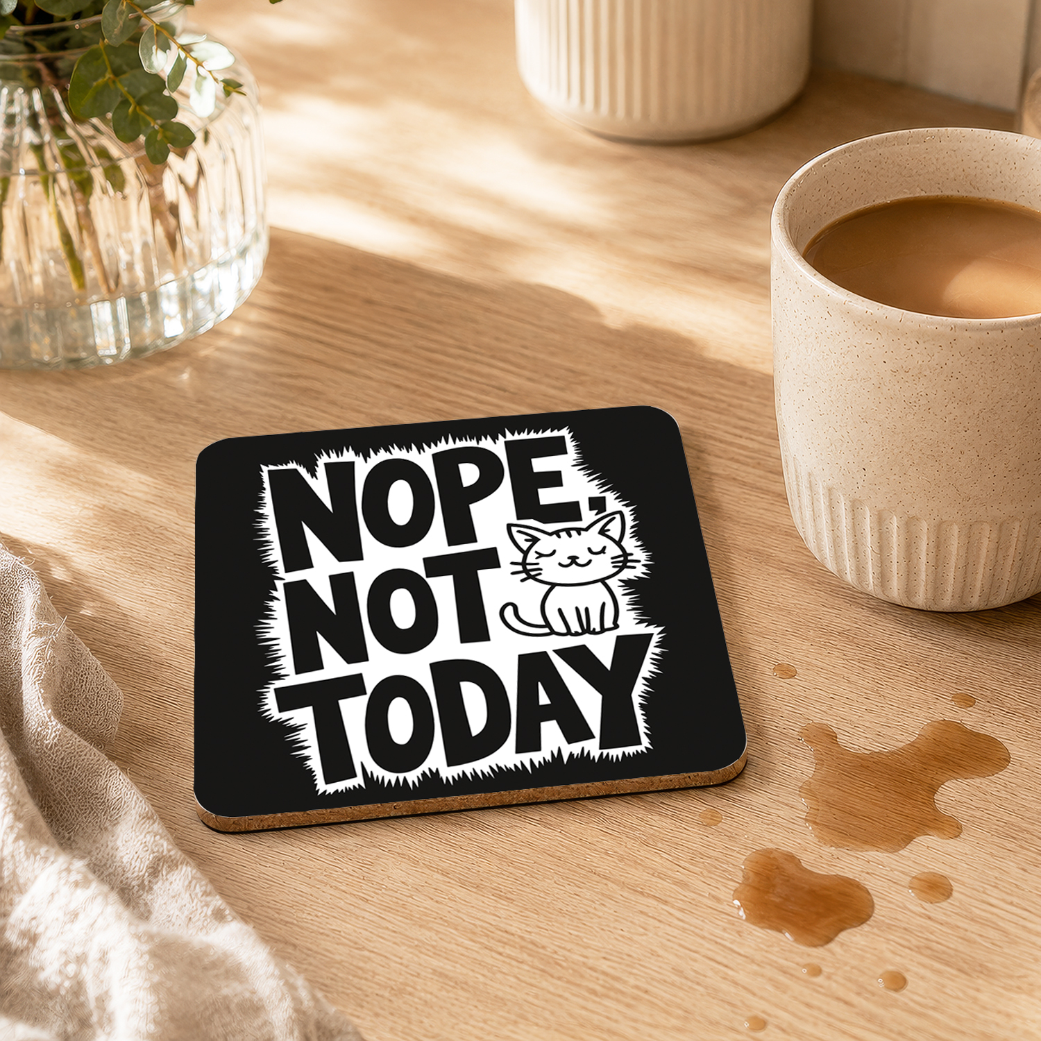 Untersetzer mit schwarzer Oberfläche, weißem Katzenmotiv und Spruch 'Nope Not Today'