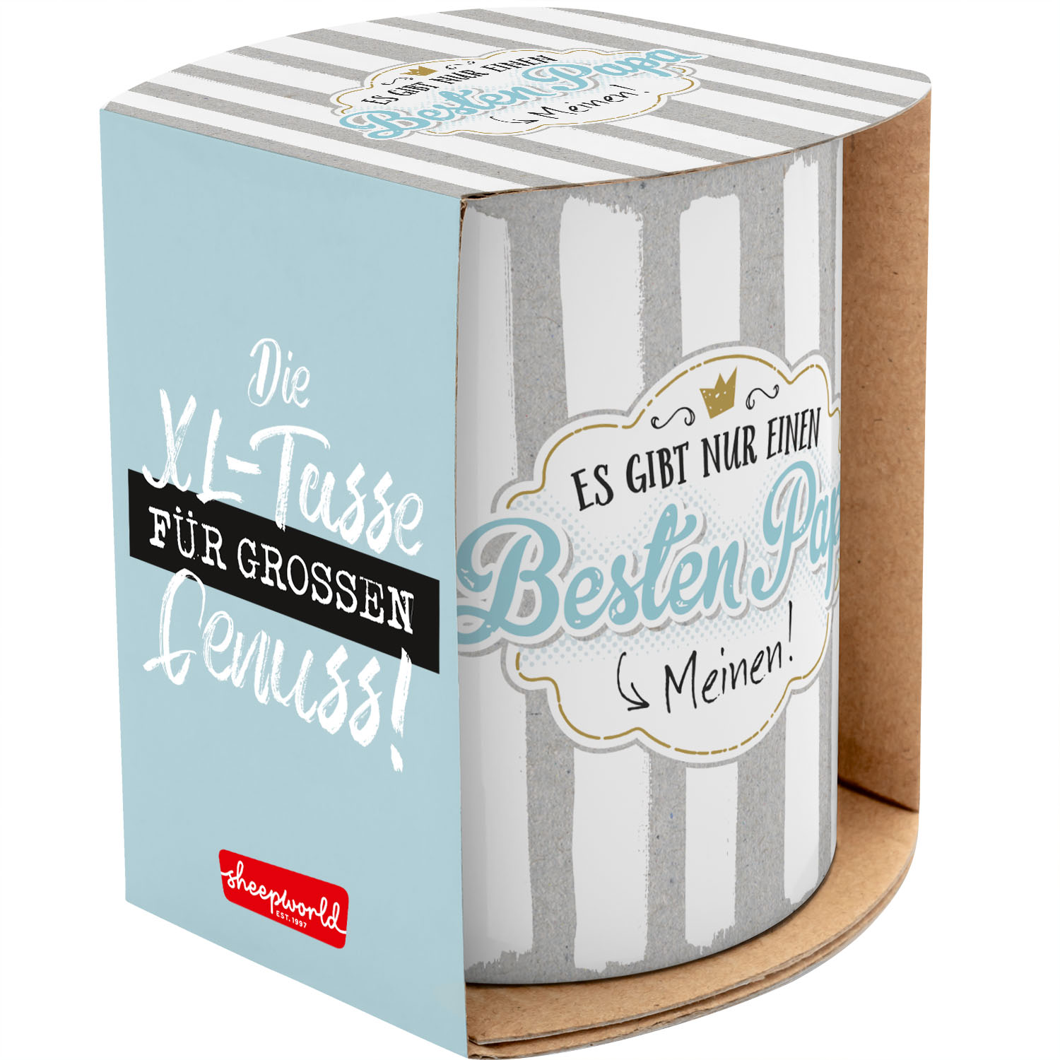 XL-Tasse »Besten Papa« aus Porzellan mit Goldeffekt, Geschenkband, spülmaschinengeeignet.