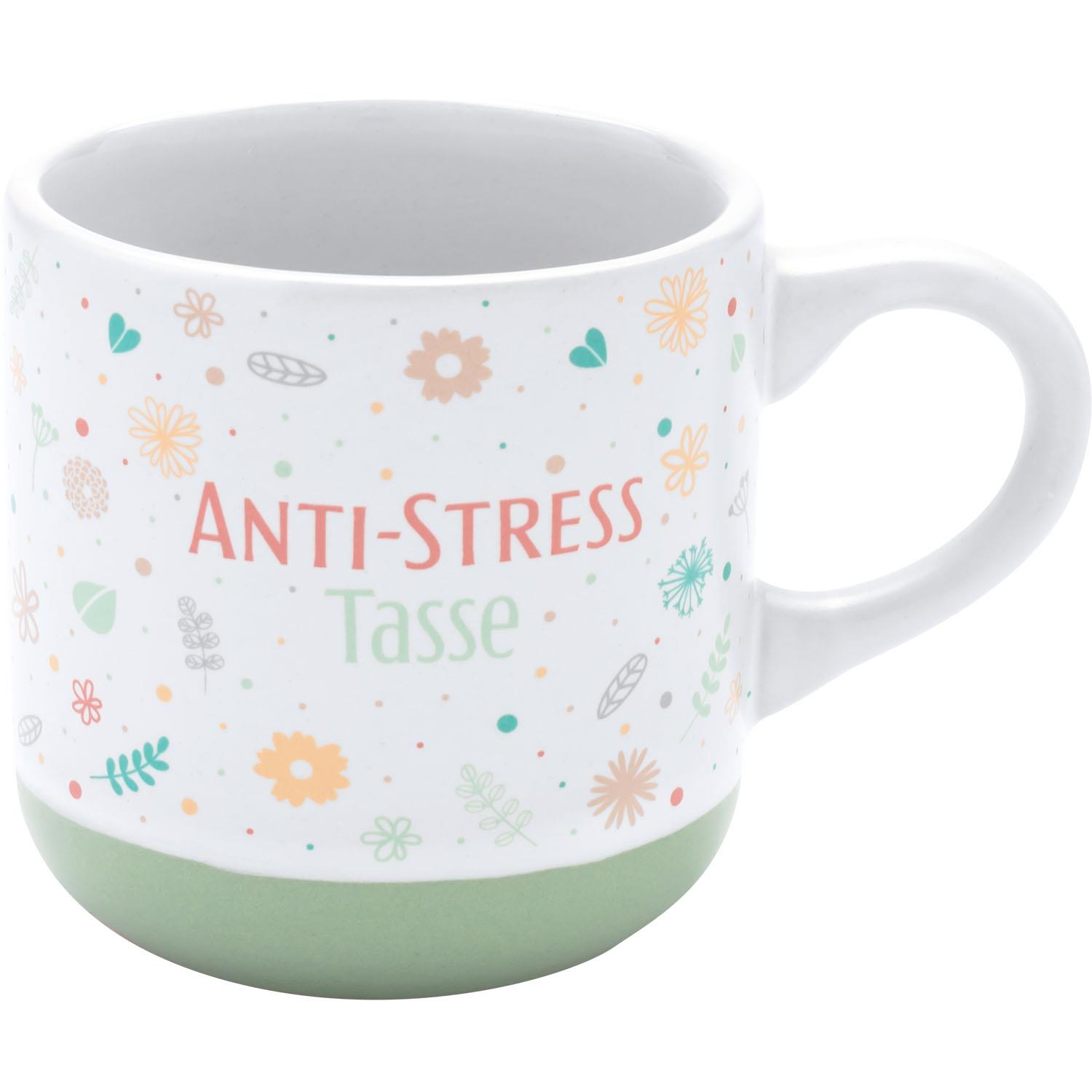 Weiße Espressotasse mit pastellfarbenem Blumendruck und grünem Boden – Anti-Stress Tasse.