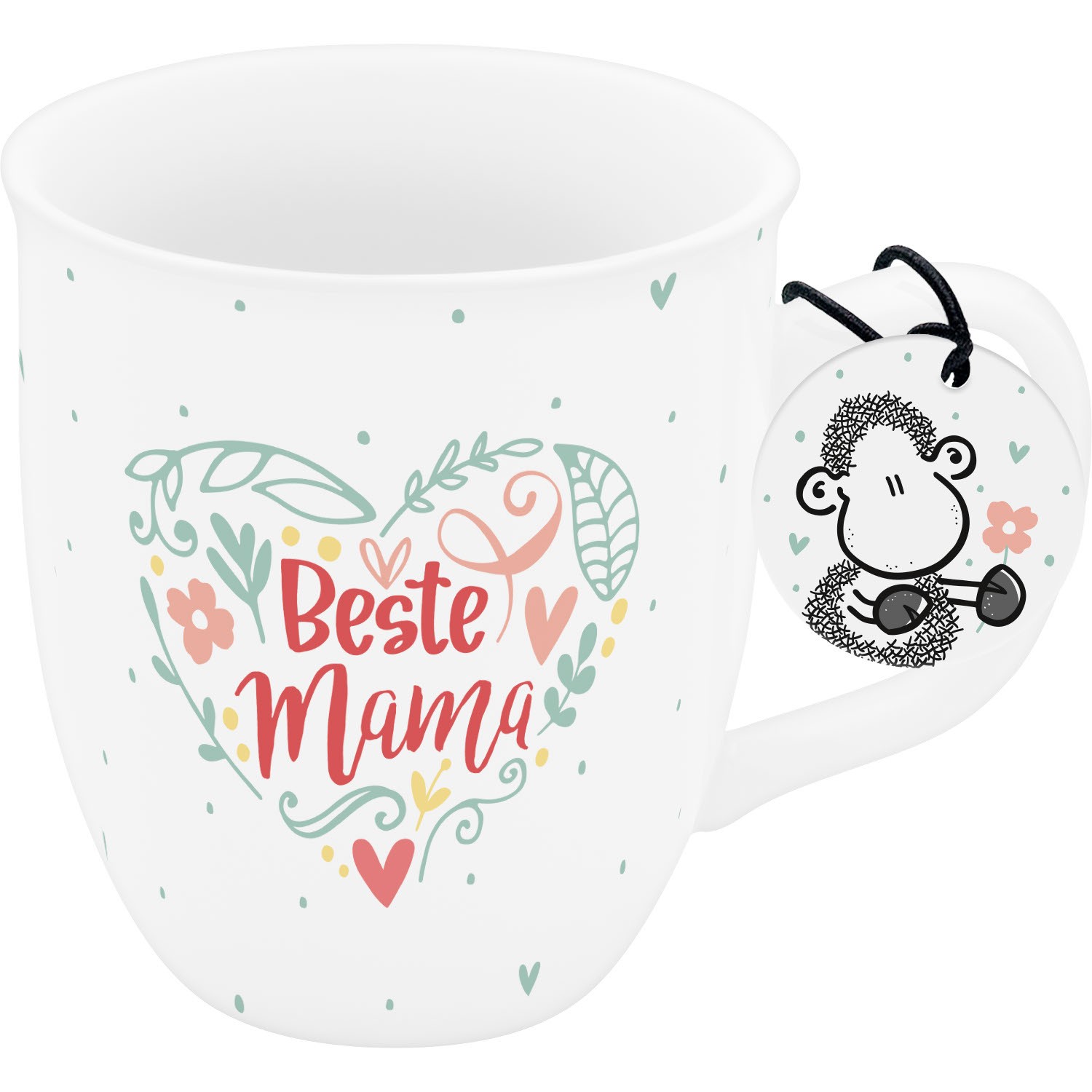 Weiße Espressotasse mit Herz-Motiv Beste Mama in Pastellfarben und Anhänger