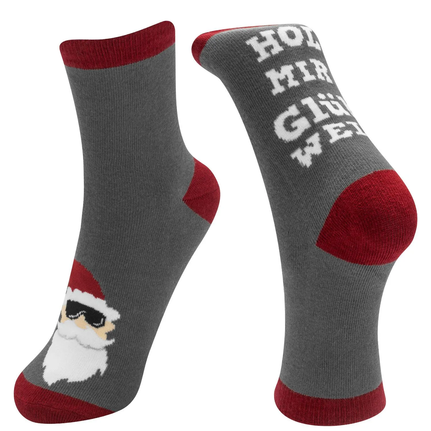 Graue Zaubersocken mit Weihnachtsmann-Motiv und roten Zehen/Fersen
