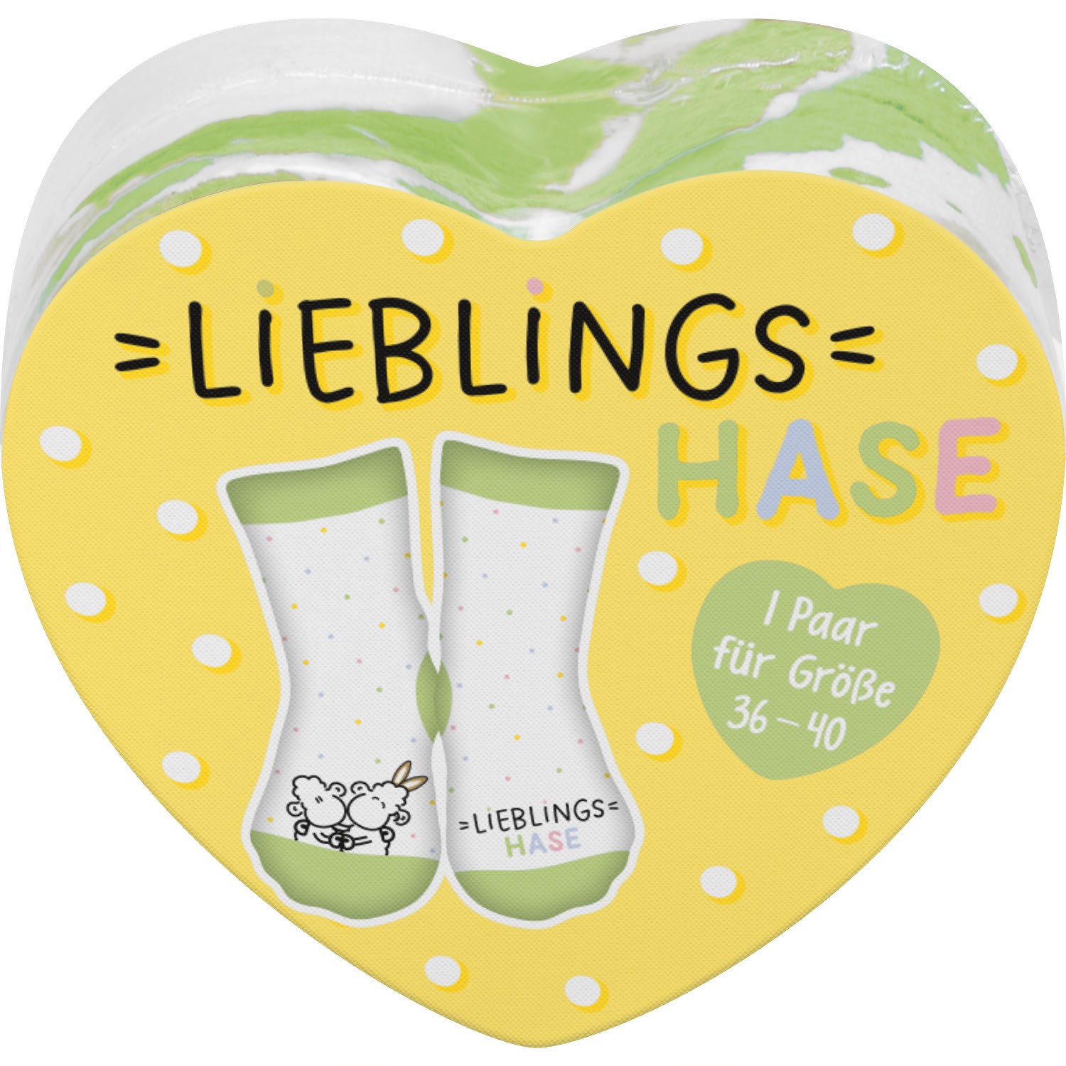 Weiße Zaubersocken mit bunten Tupfen in gelber Herz-Verpackung, Größe 36-40