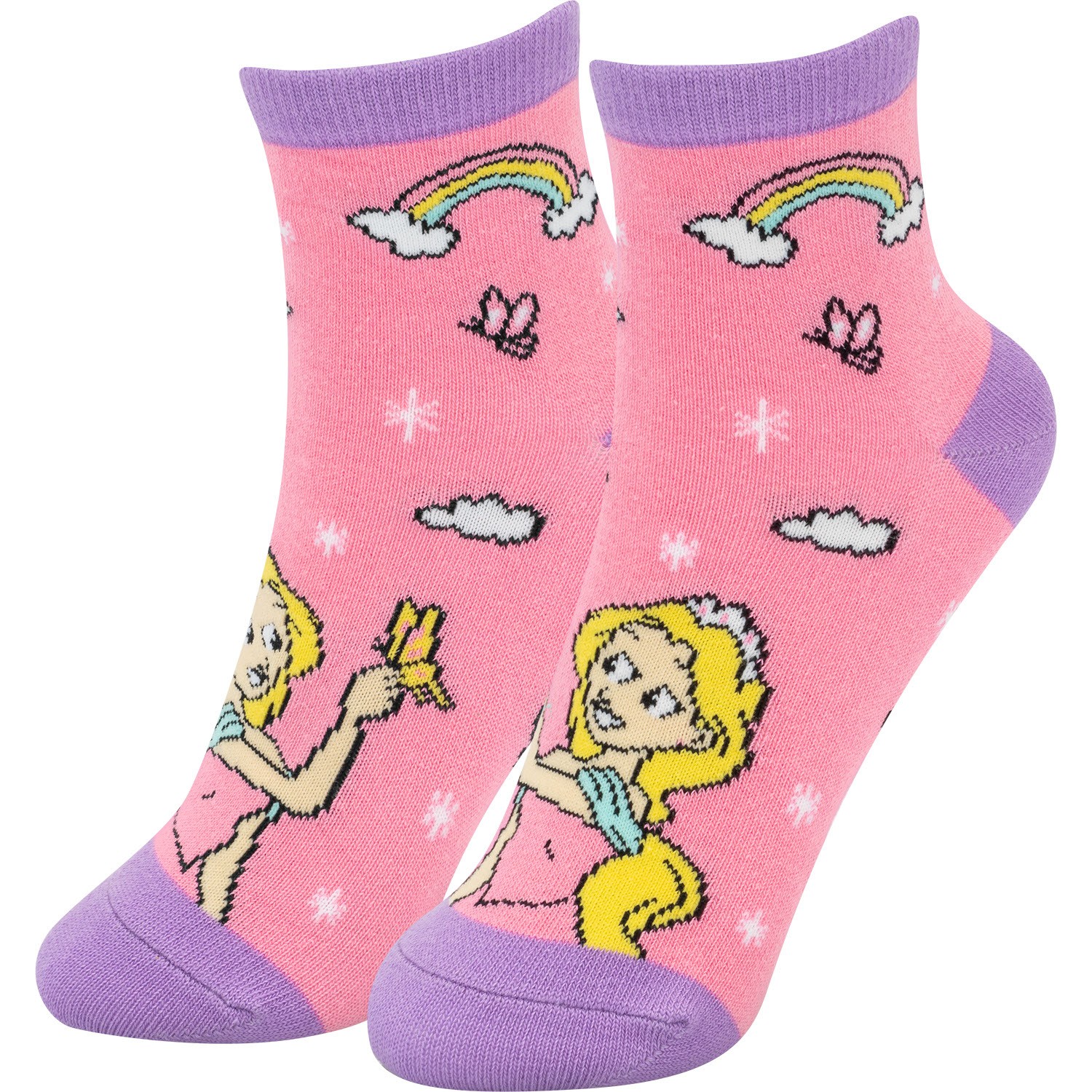 Rosa Zaubersocken mit Prinzessin-Print, Regenbogen und Wolken, lilafarbene Fersen.