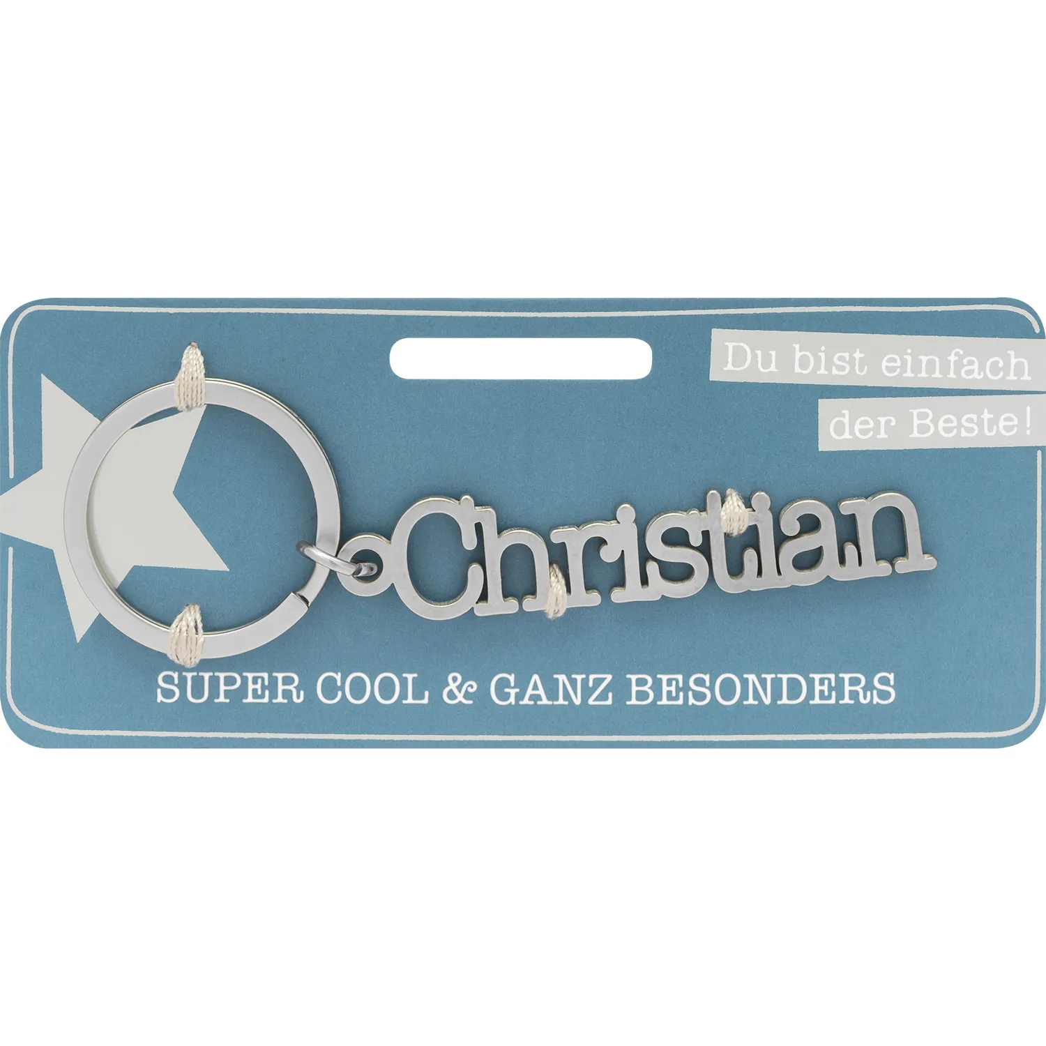 Schlüsselanhänger mit Name Christian aus galvanisiertem Edelstahl, 9,3 cm lang inkl. Schlüsselring.