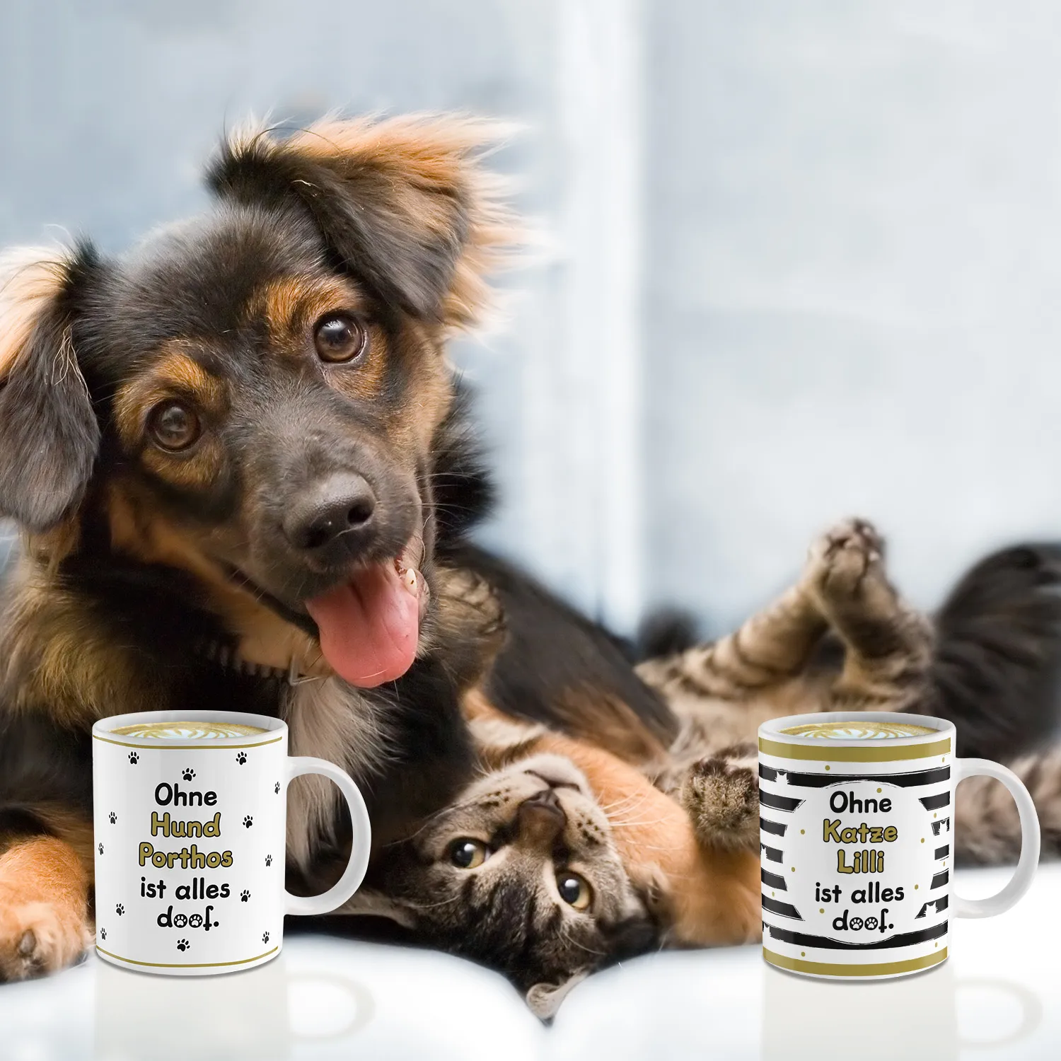Tasse »Ohne Katze ... ist alles doof.« mit Wunschnamen, weiß, personalisiert