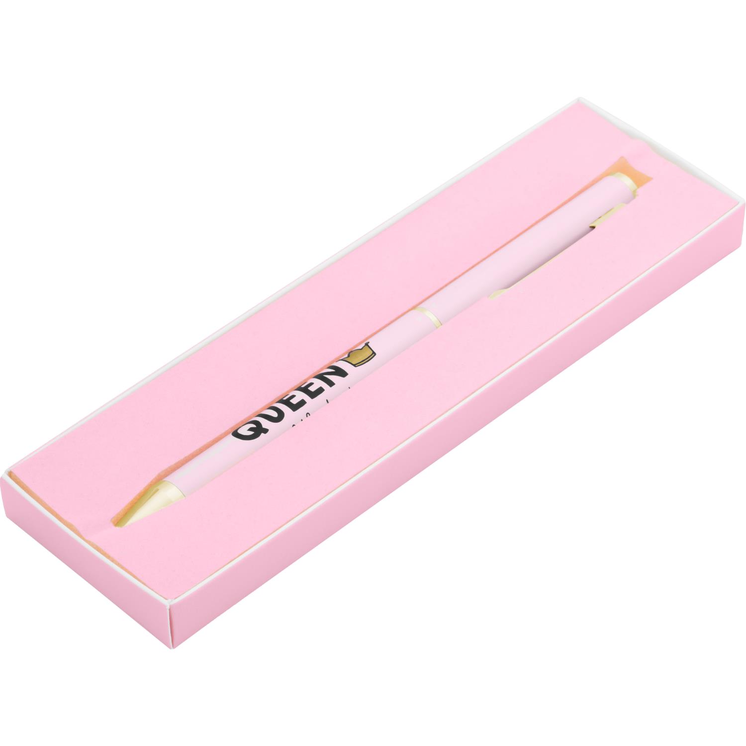 Rosa Kugelschreiber Queen in rosa Geschenkbox mit goldenen Akzenten