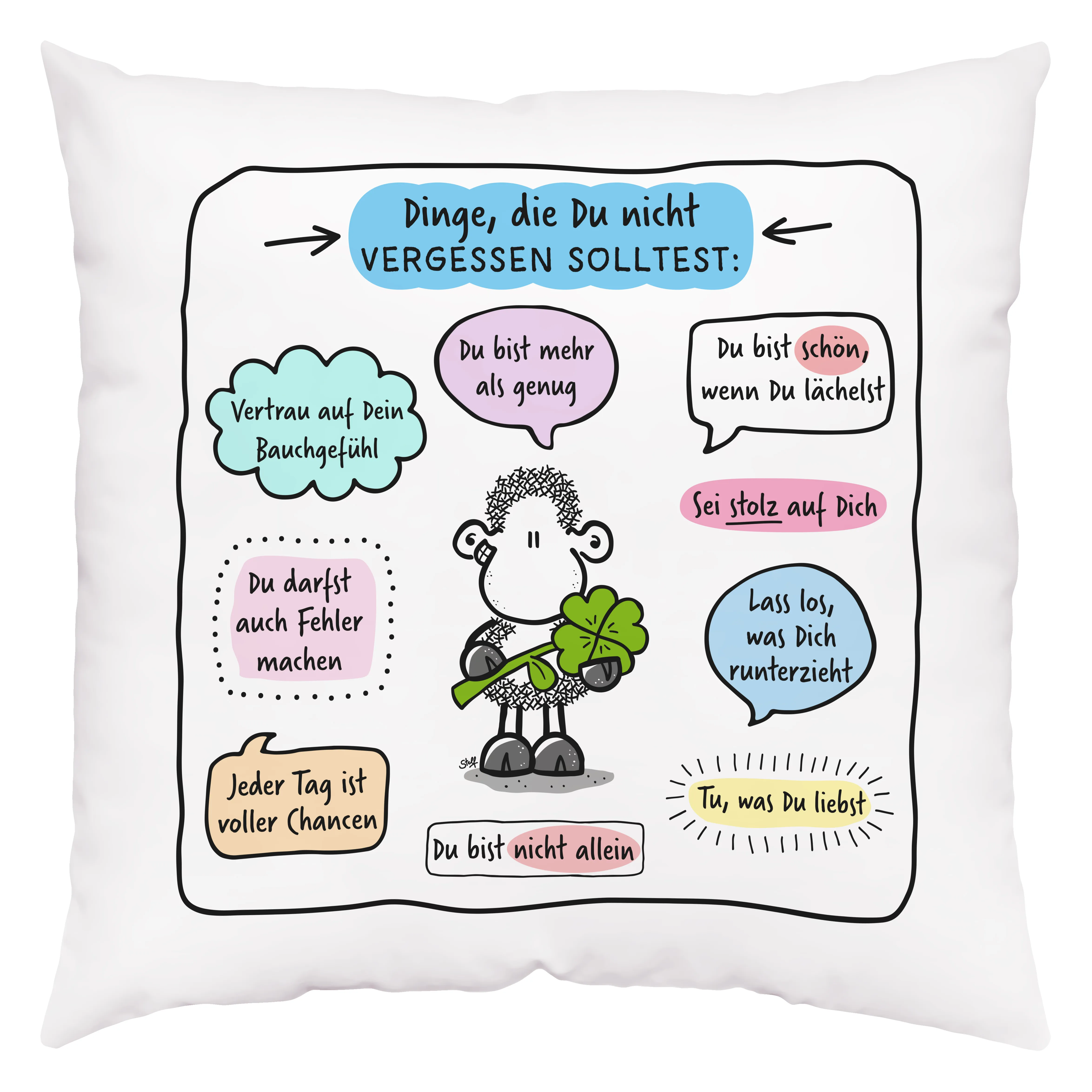 Weißes Kissen mit Schäfchen-Motiv und bunten Sprüchen.