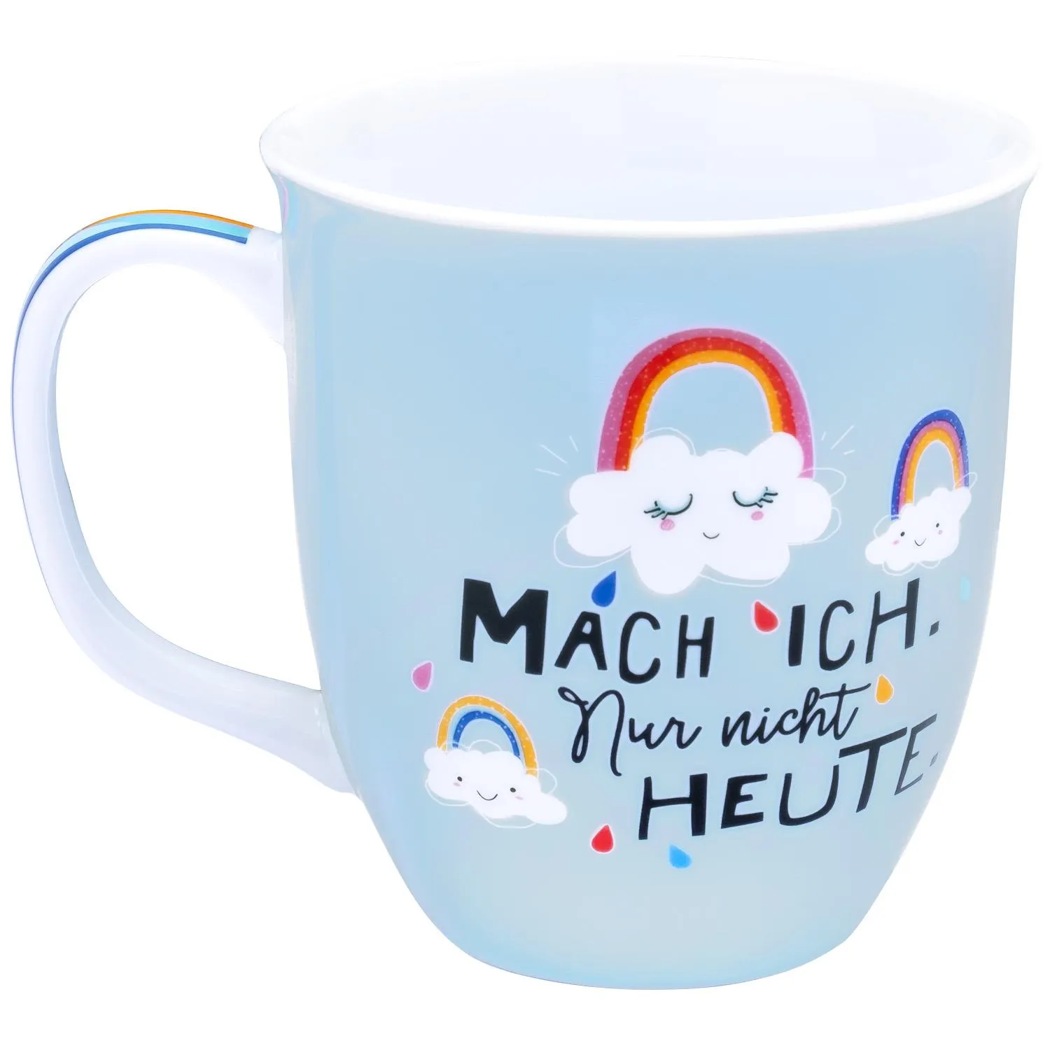 Pastellblaue Porzellankaffeetasse mit Regenbogen und Wolken