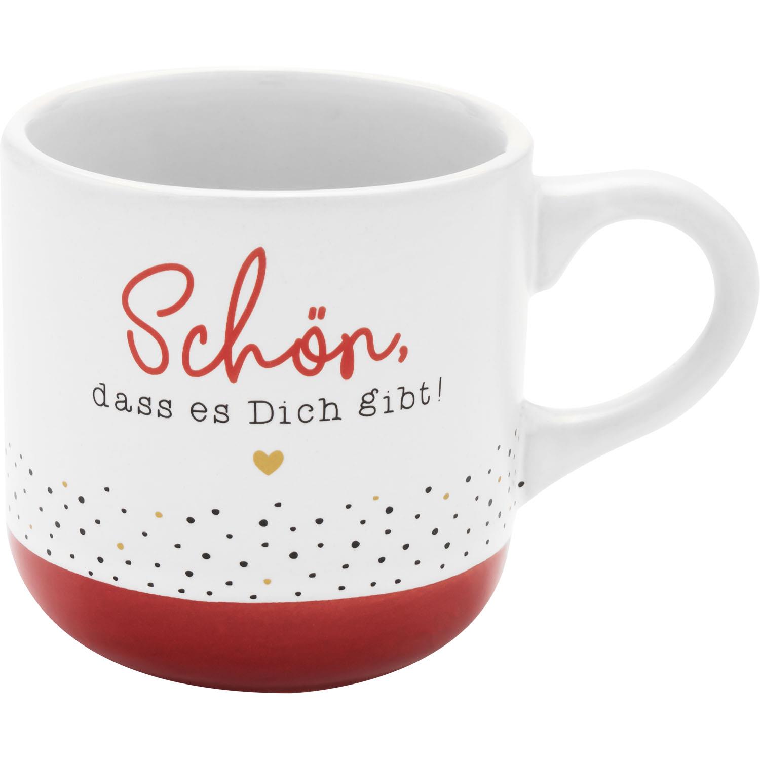 Weiße Keramiktasse mit rotem Boden, Schriftzug 'Schön, dass es Dich gibt!'