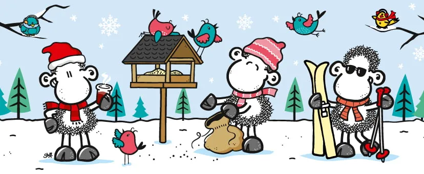 Winterliche Grafik mit sheepworld Schafen im Schnee