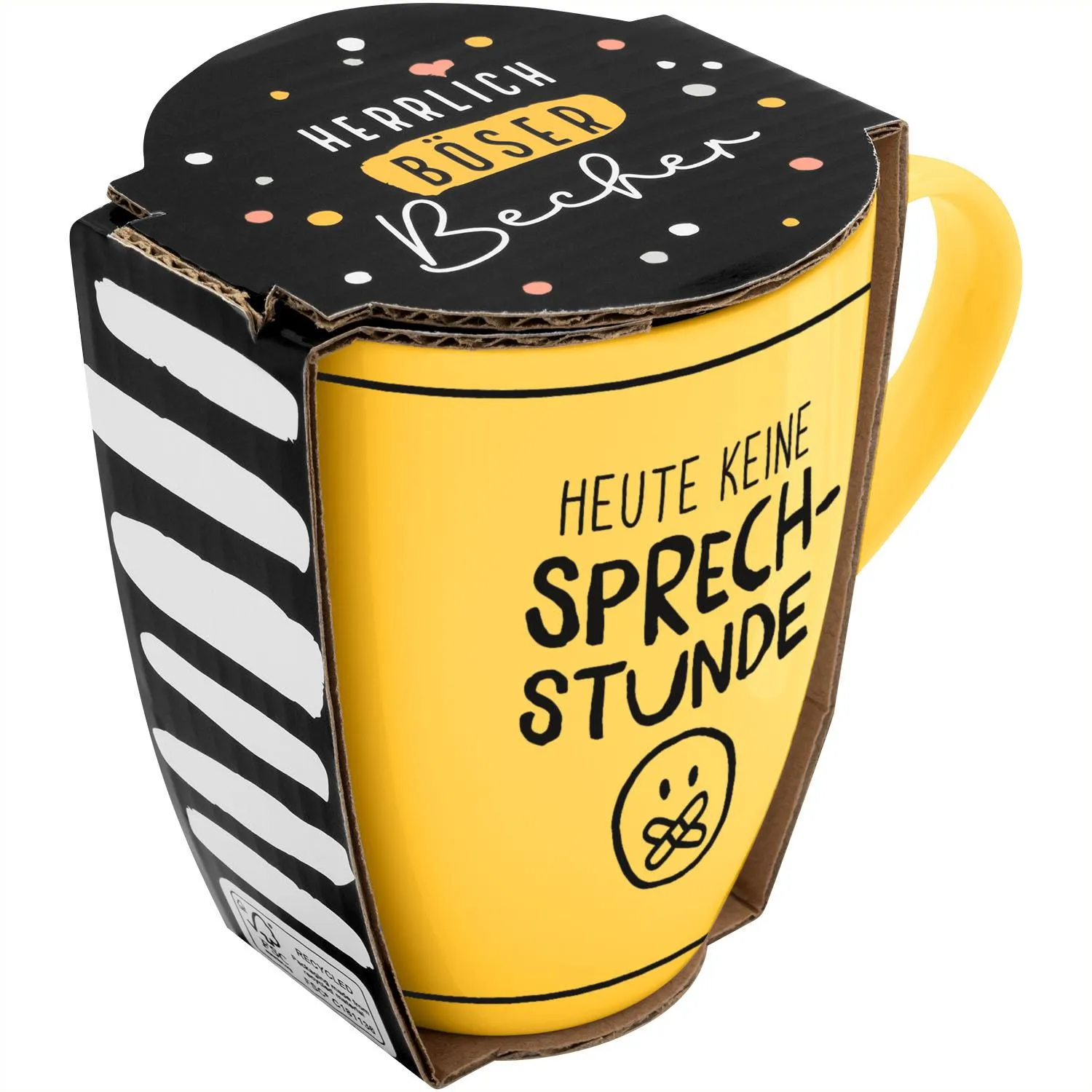 Gelber Porzellan-Becher mit schwarzem Deckel und Spruch 'HEUTE KEINE SPRECHSTUNDE'