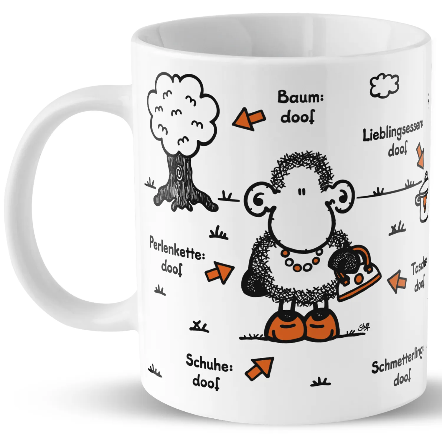 Weiße Porzellan-Tasse mit Schäfchen-Illustration und orangen Schuhen