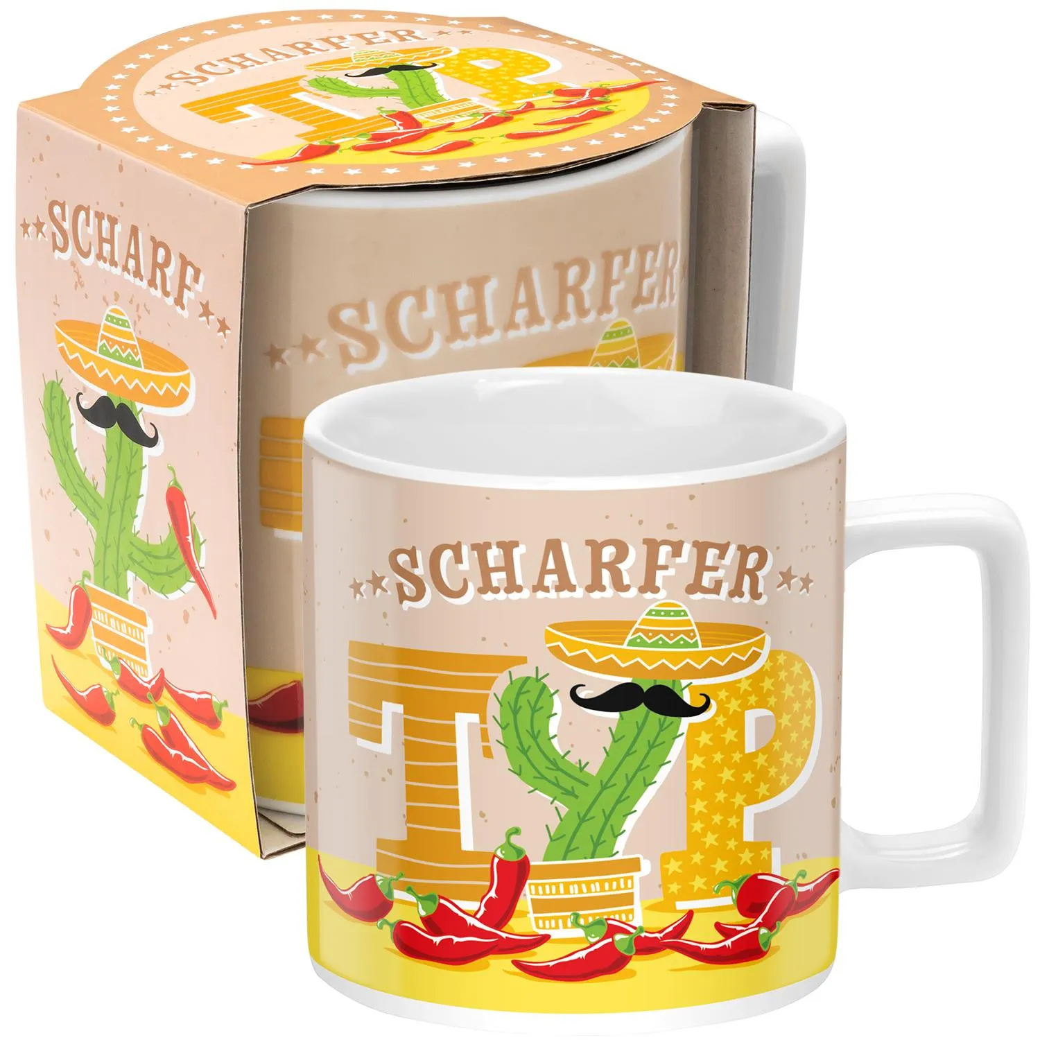 Weiße Porzellantasse mit Kaktus, Sombrero und Schriftzug 'Scharfer Typ'