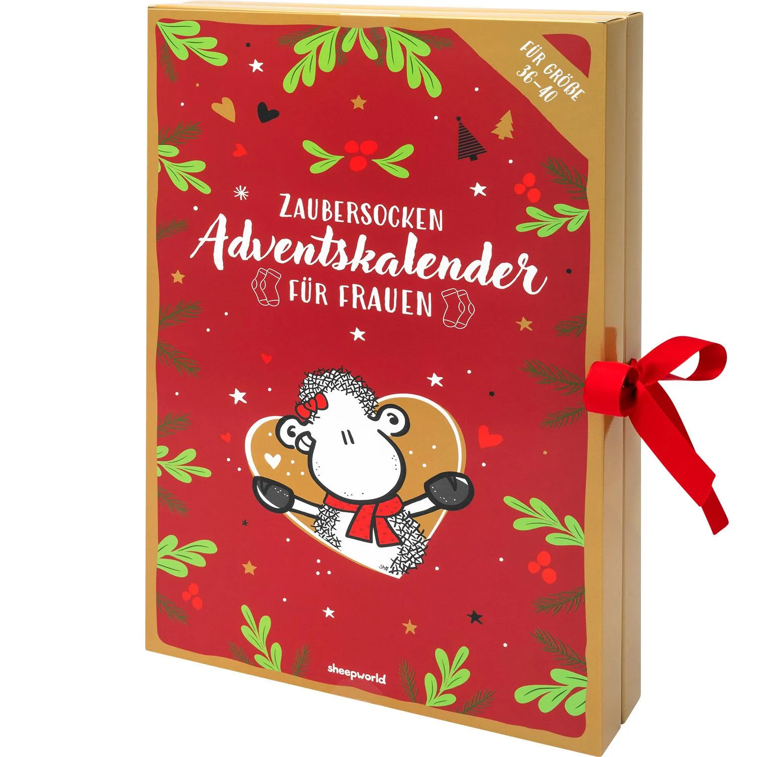 Rotes Adventskalender-Socken-Set für Frauen, zwei Kalender, Schäfchen-Motiv, rotes Band.