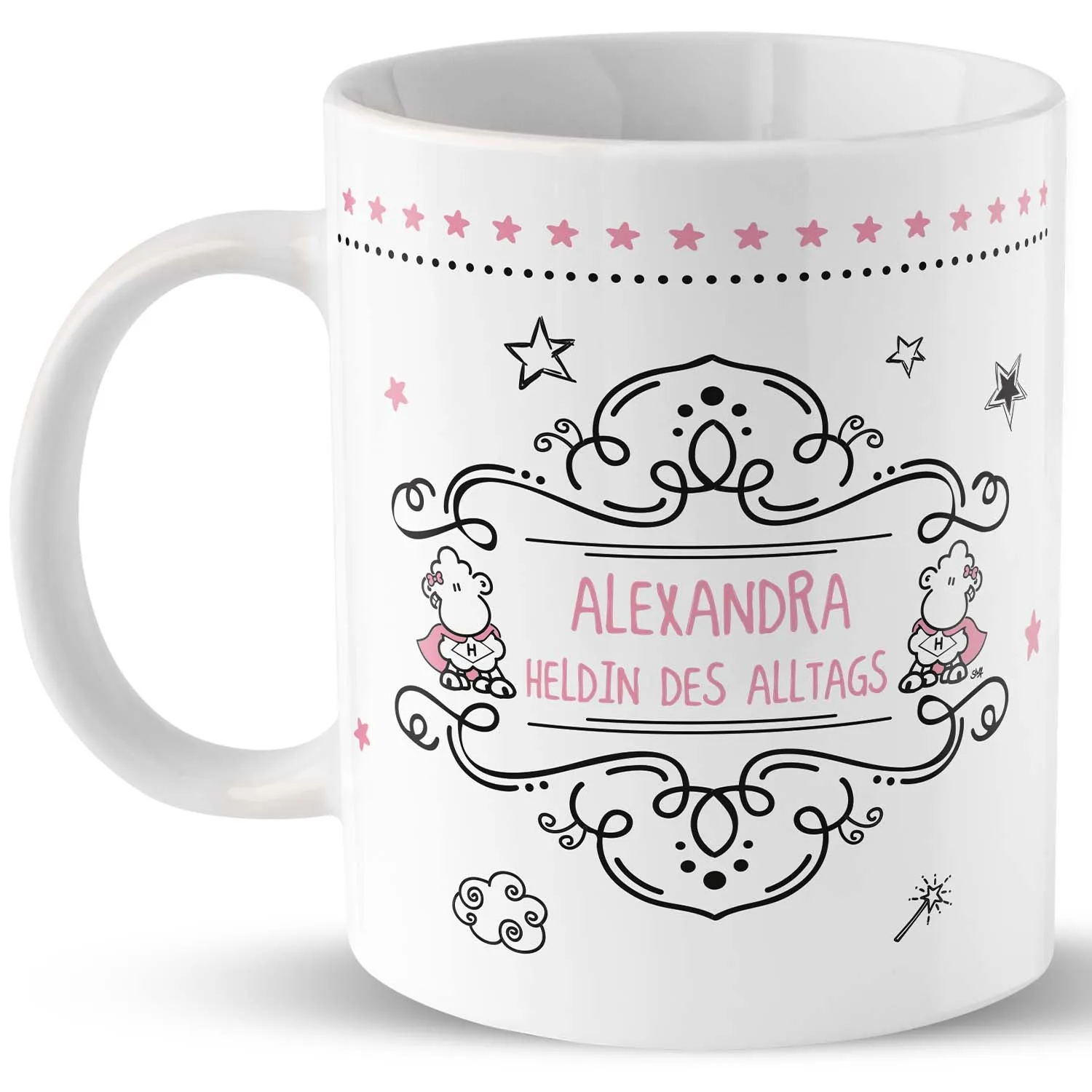Personalisierte Porzellan-Tasse mit Namen Alexandra – Heldin des Alltags, rosa Akzente und Schäfchen-Motive