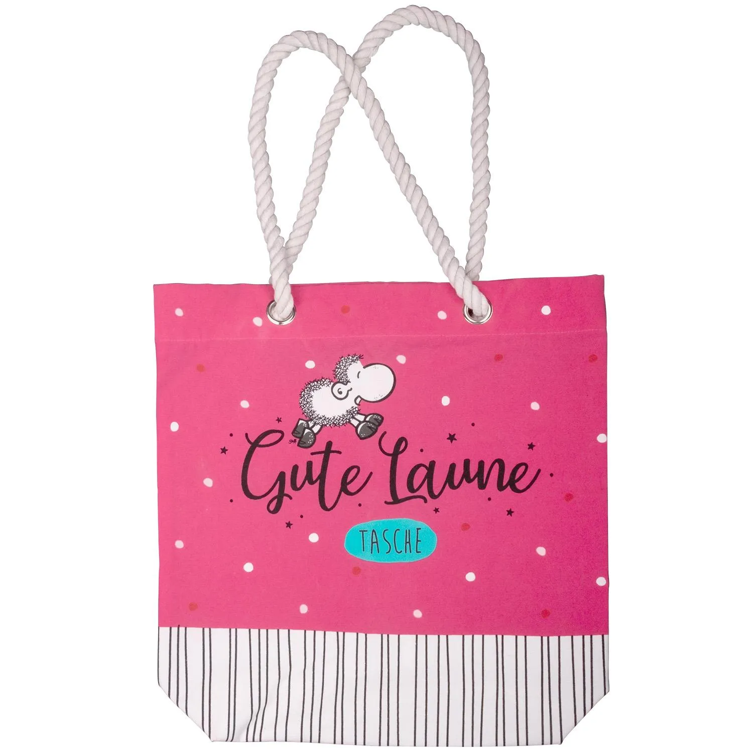 Rosa Einkaufstasche mit Schäfermotiv und Gute-Laune-Schriftzug