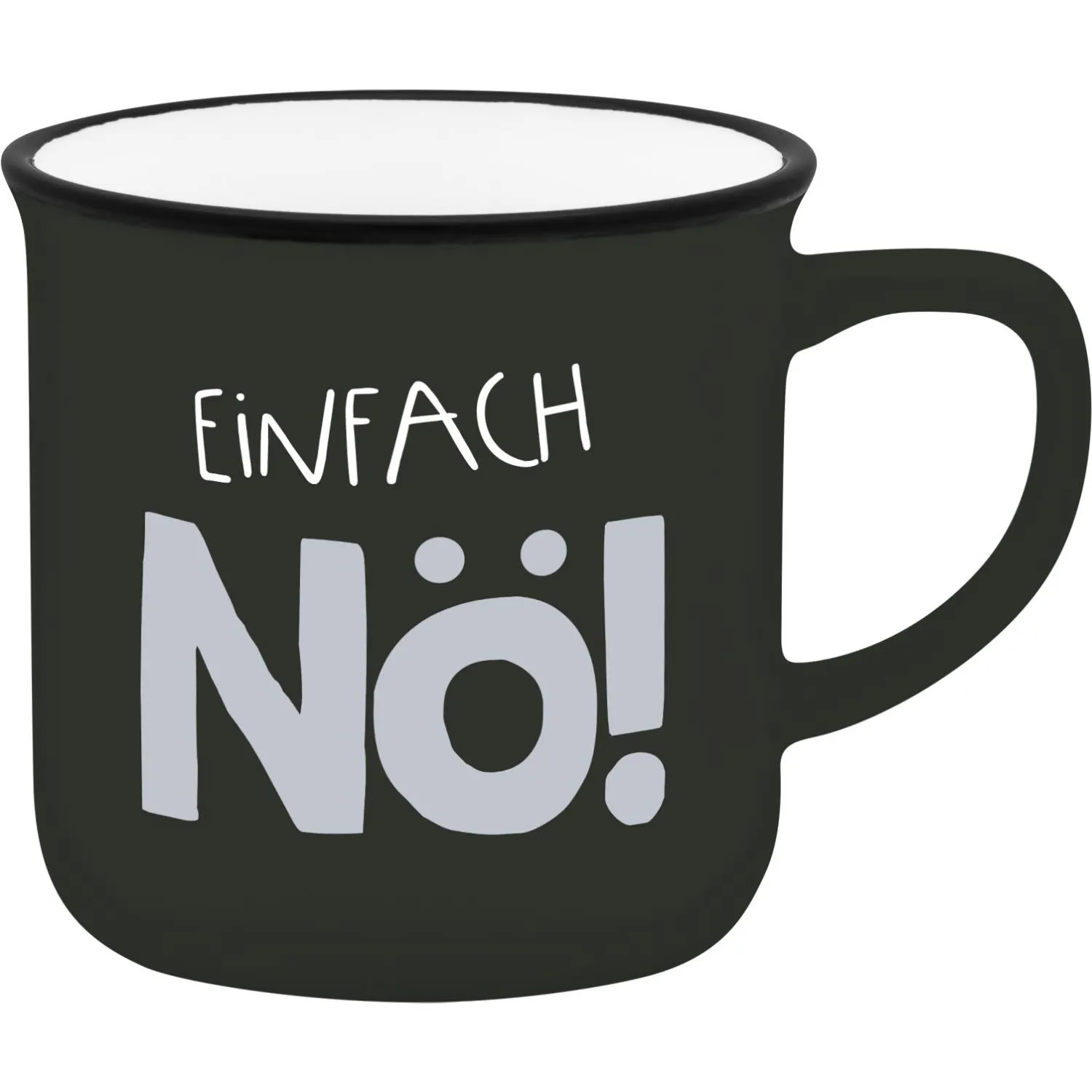 Schwarze Keramik-Tasse mit weißer Innenfläche und dem Schriftzug 'EINFACH NO!'