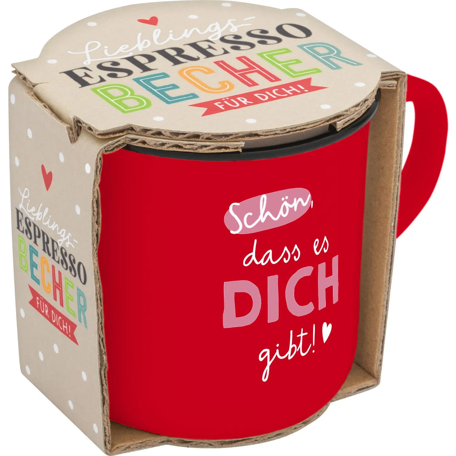 Roter Espressobecher aus Porzellan mit dem Schriftzug 'Schön, dass es DICH gibt!'