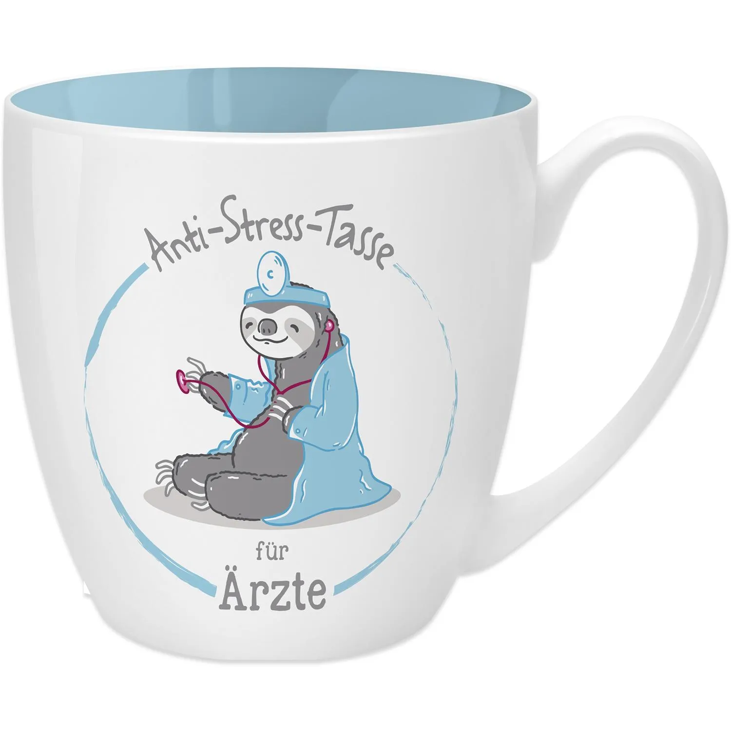Anti-Stress-Tasse mit Faultier im Arzt-Outfit und Stethoskop