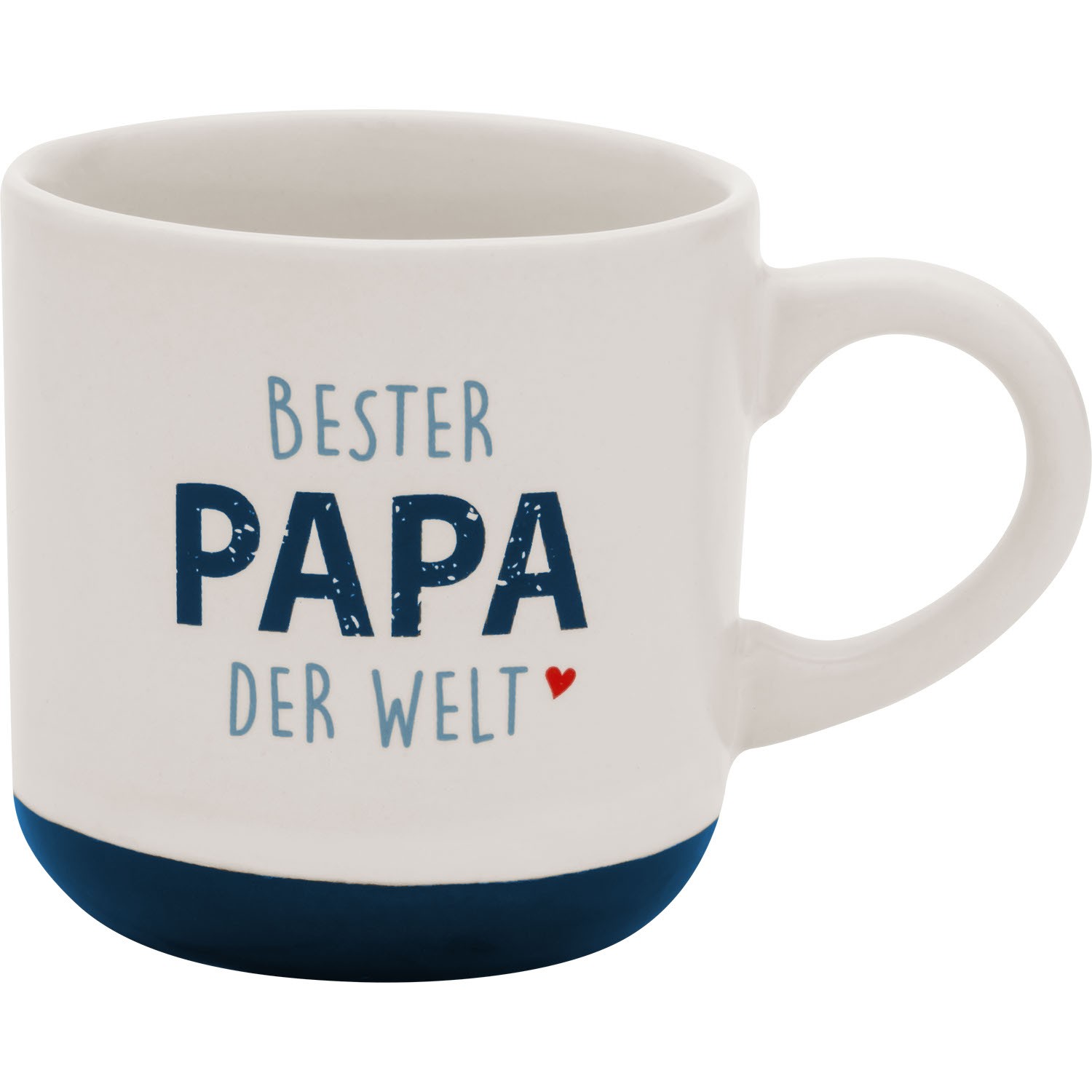 Weiße Keramik-Tasse mit Druck 'BESTER PAPA DER WELT' und dunkelblauem Boden.