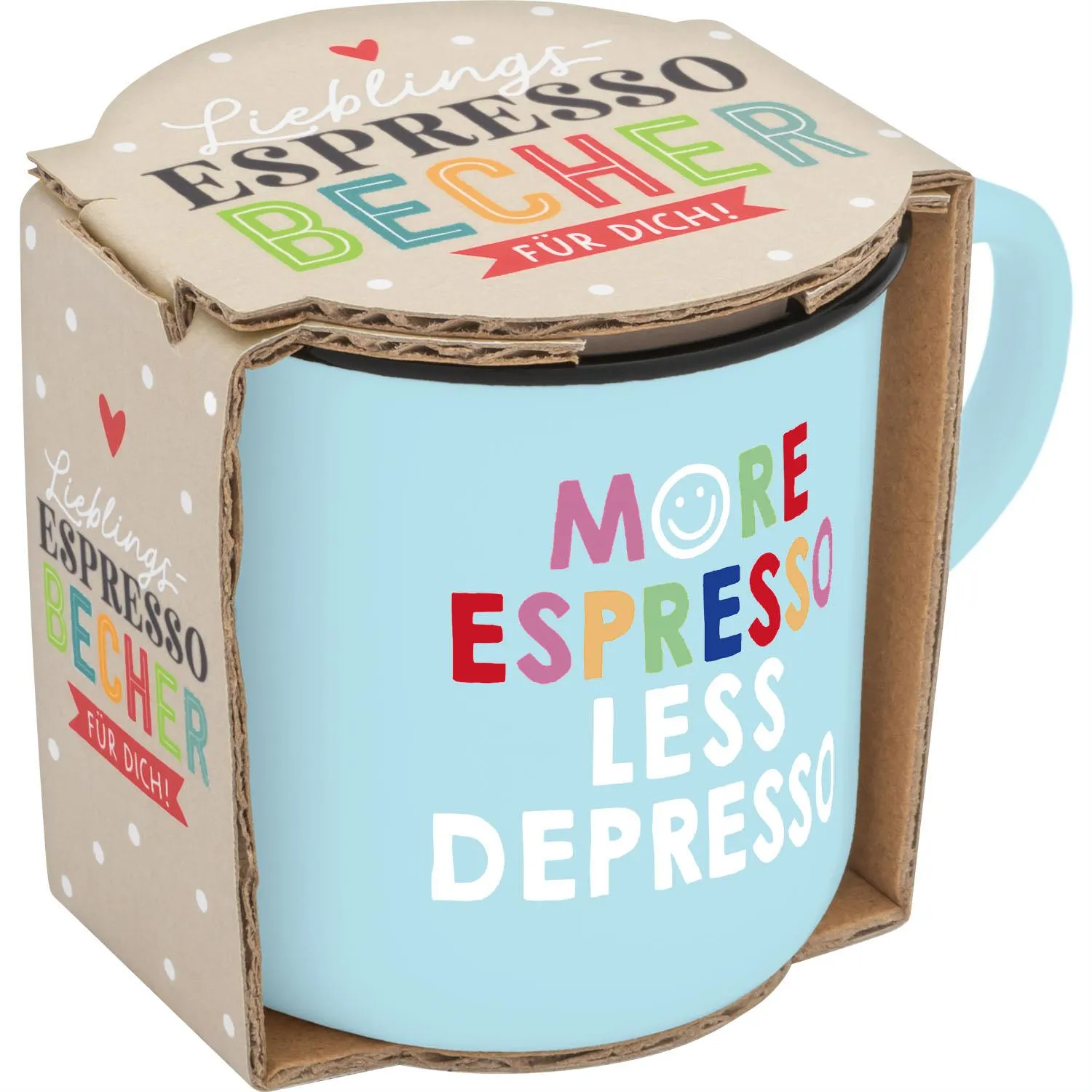 Hellblauer Porzellan-Espressobecher mit buntem Schriftzug More Espresso Less Depresso