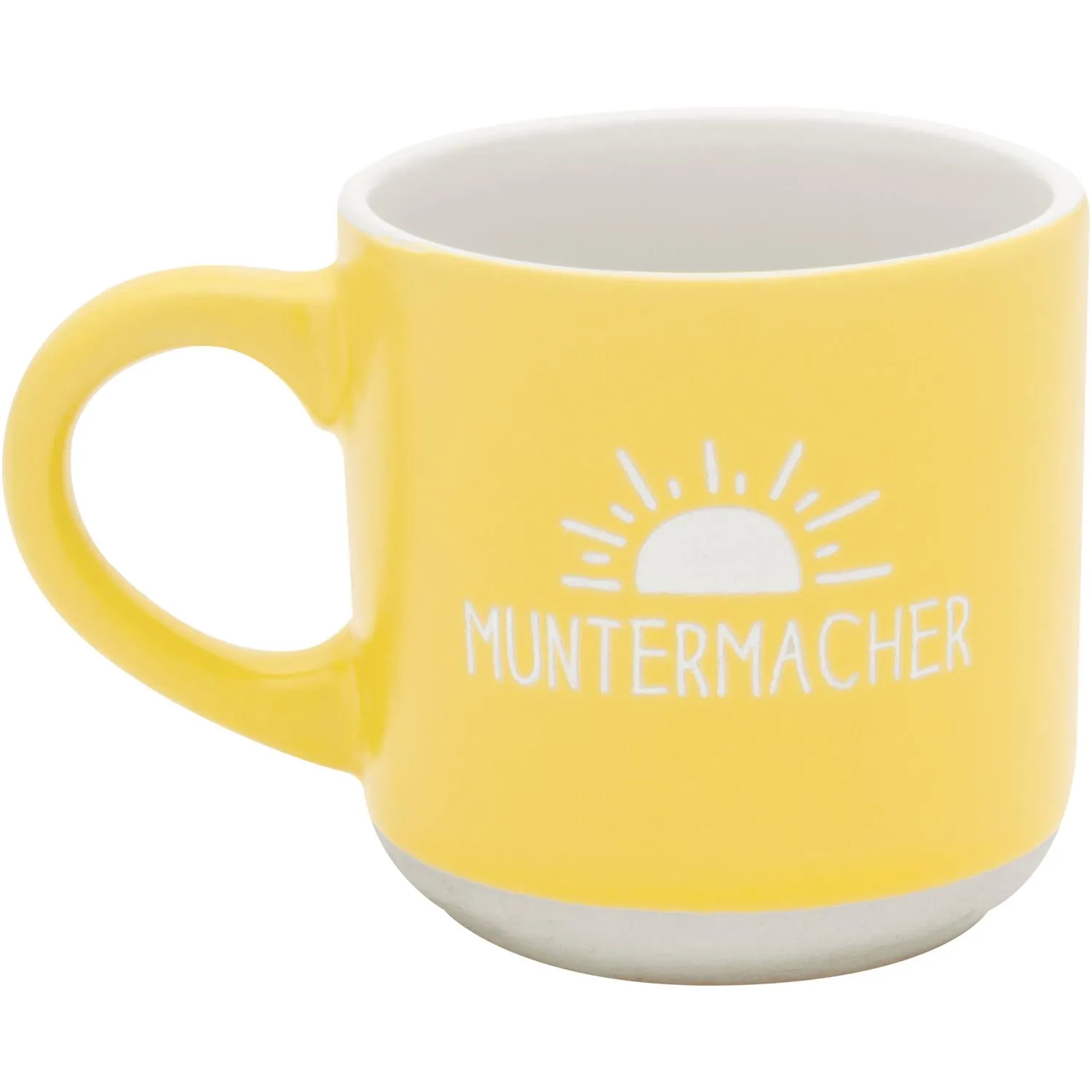 Gelbe Espressotasse Muntermacher mit Sonnenlogo