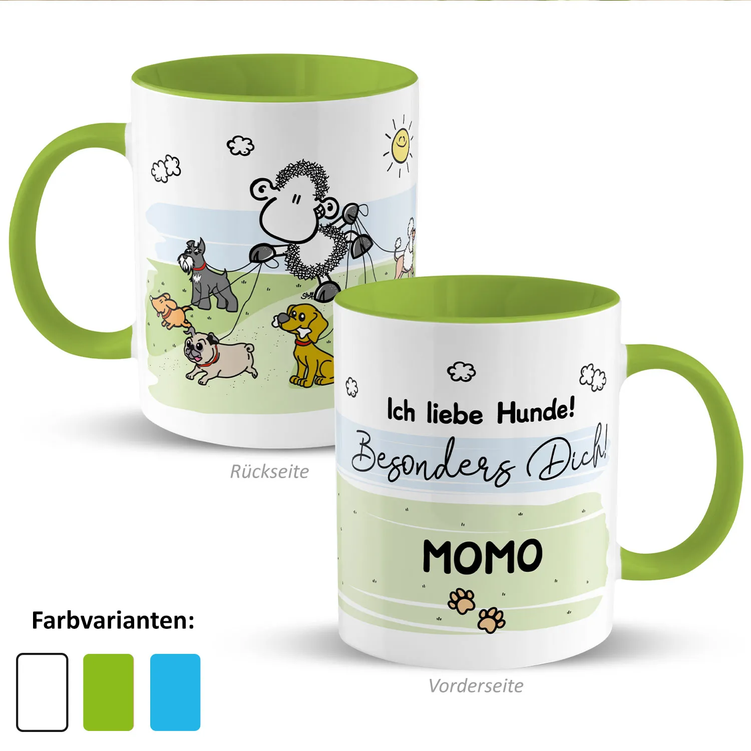 Personalisierte Hundetasse mit grünem Innenraum und Namensdruck