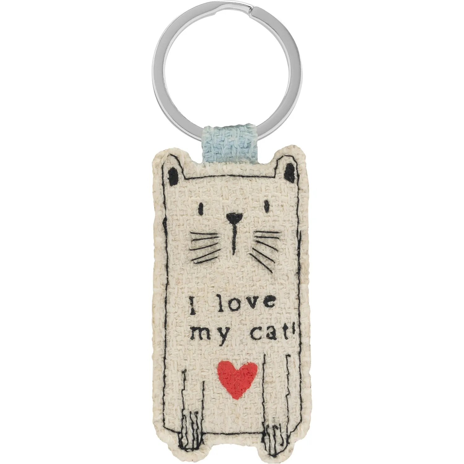 Katzen-Schlüsselanhänger aus gewebtem Stoff mit blauer Schlaufe, schwarzer Stickerei und rotem Herz