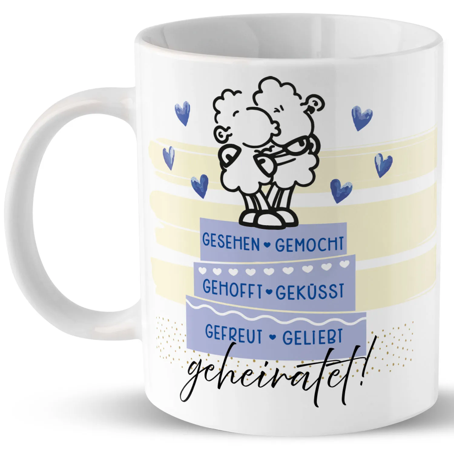 Weiße Porzellan-Tasse mit Schäfchen-Motiv und Pastellstreifen; personalisierbar mit Namen und Datum