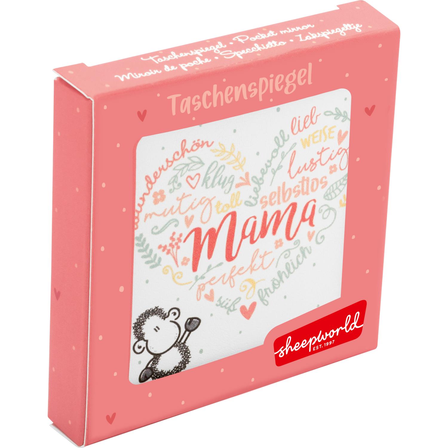 Kompakter Taschenspiegel 'Mama' in rosa Verpackung mit Herz-/Blumenmotiv