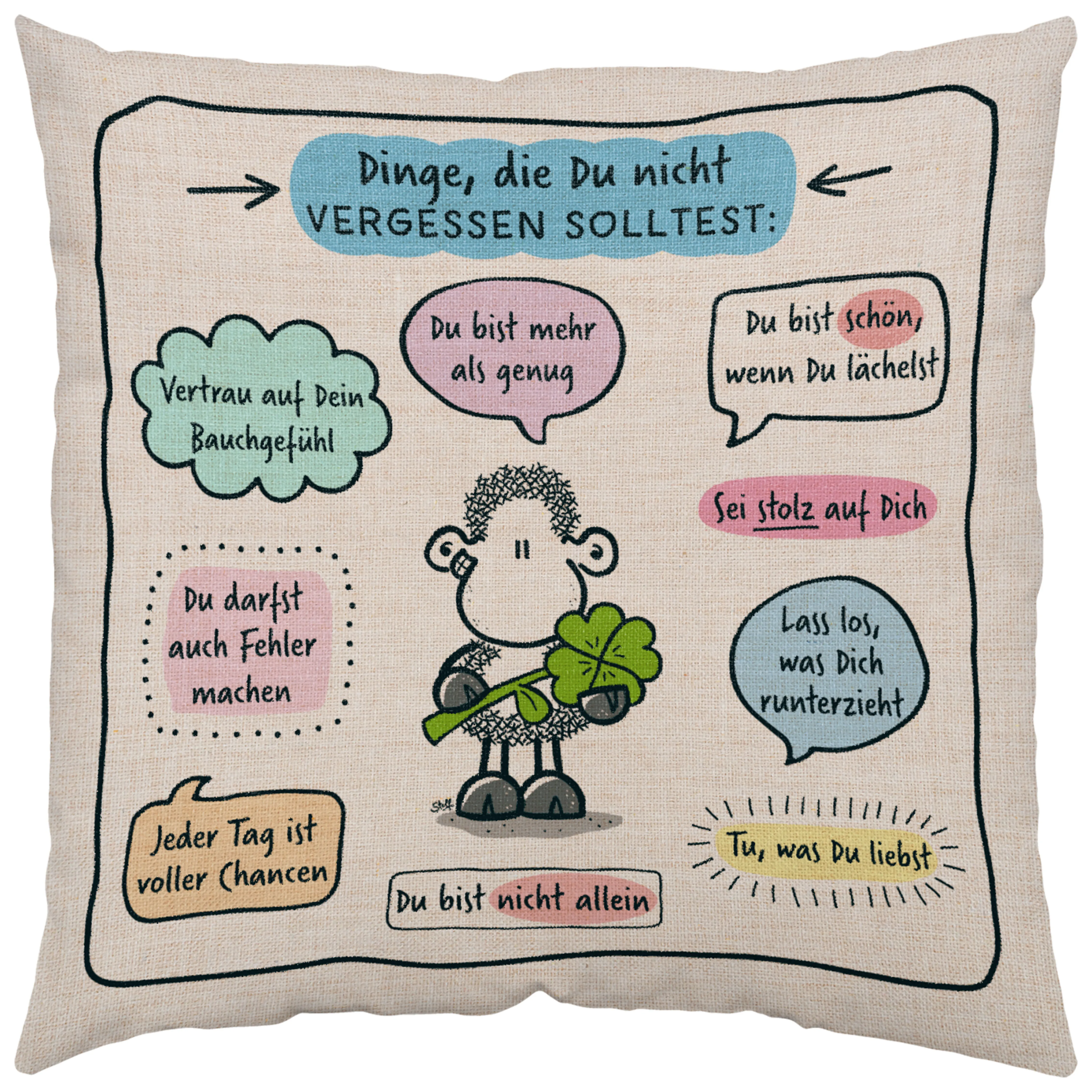 Beiges Canvas-Kissen mit cartoon-Schaf-Motiv und bunten Sprüchen