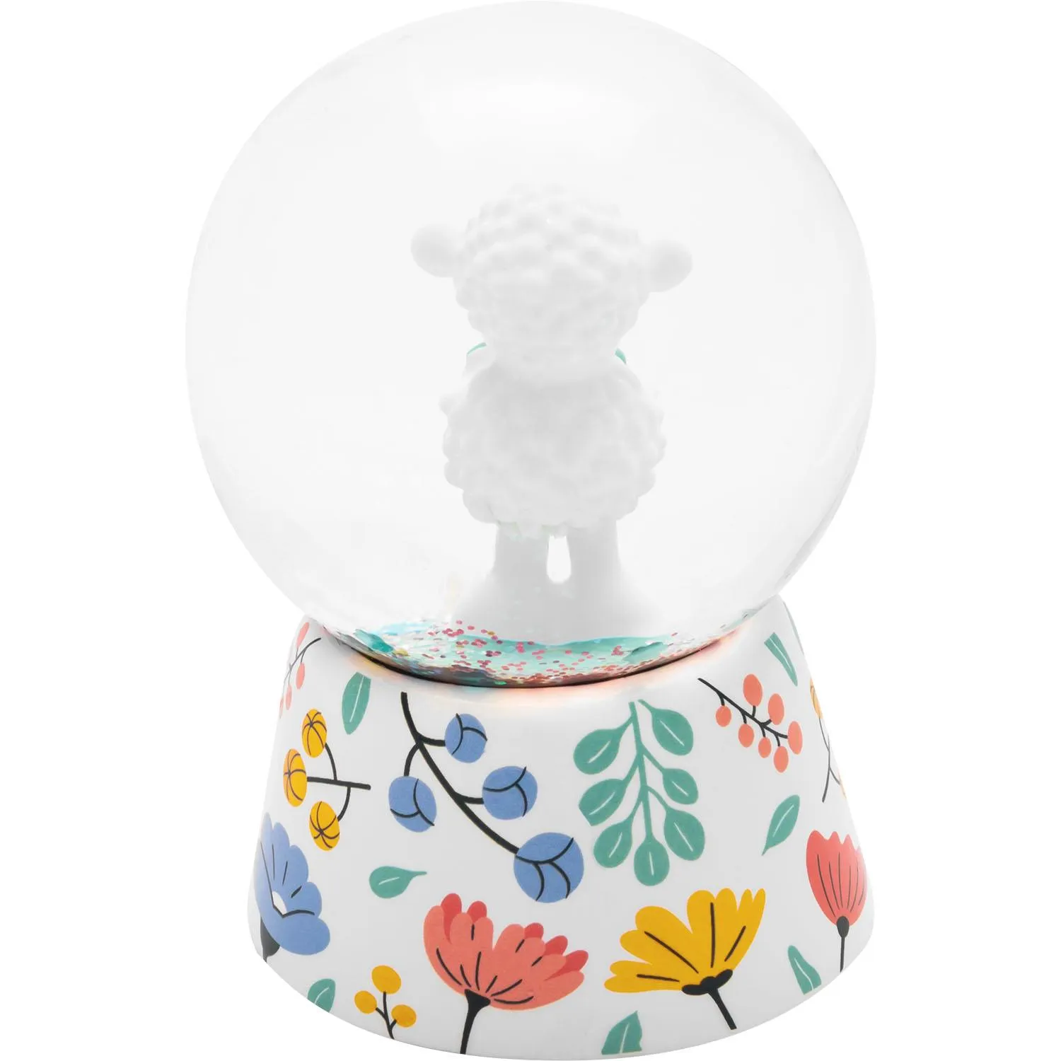Schneekugel mit 3D-Schaffigur im Inneren, buntem Blumen-Sockel, Glasglobus – 6,5 cm hoch