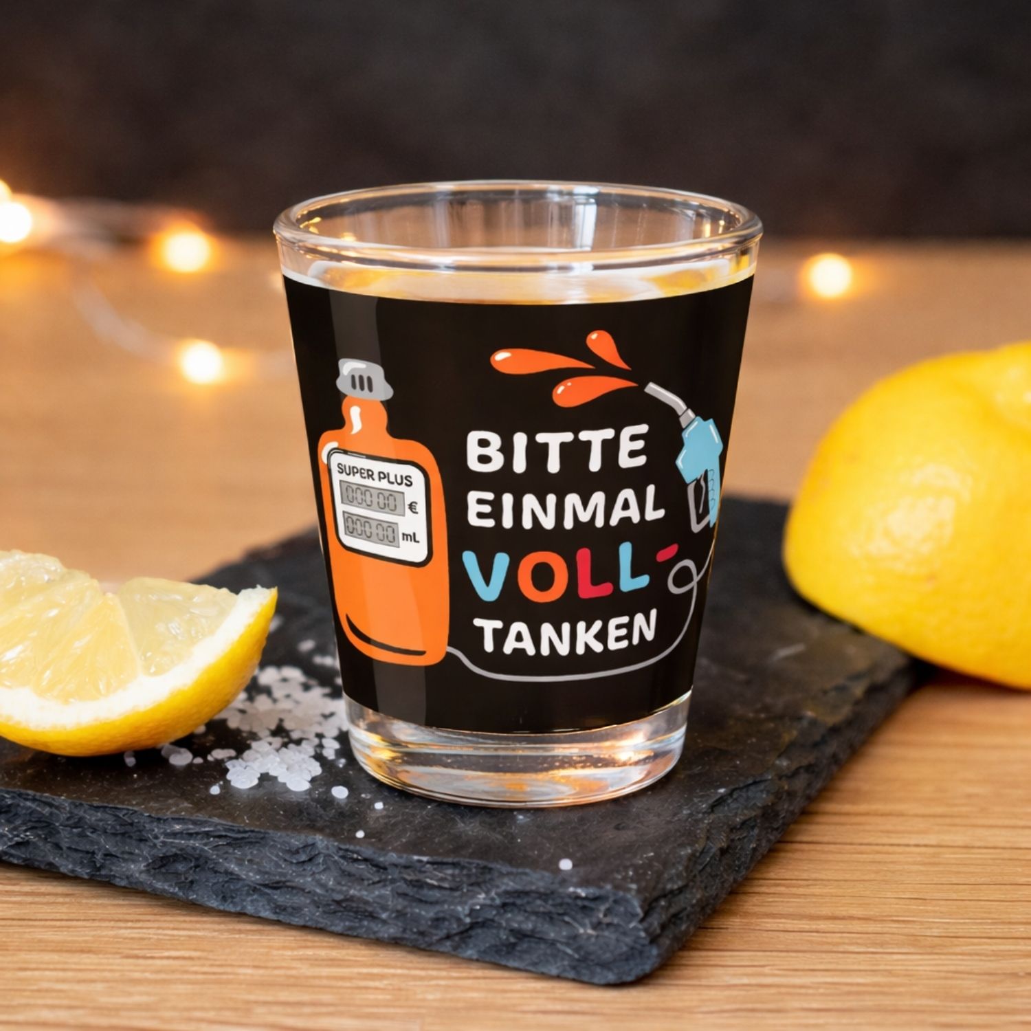 Schnapsglas mit Spruch 'BITTE EINMAL VOLLTANKEN' auf schwarzem Etikett