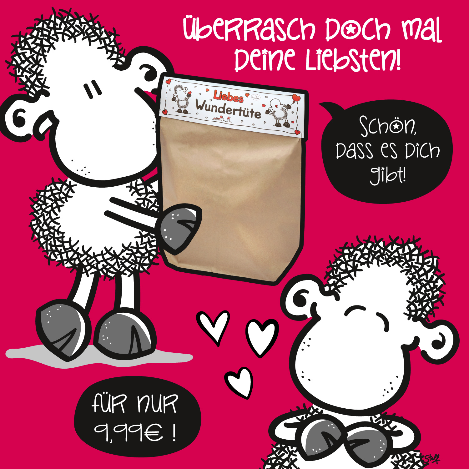 Liebes-Wundertüte: braune Papier-Tüte mit Schäfchen-Motiv vor pinkem Hintergrund
