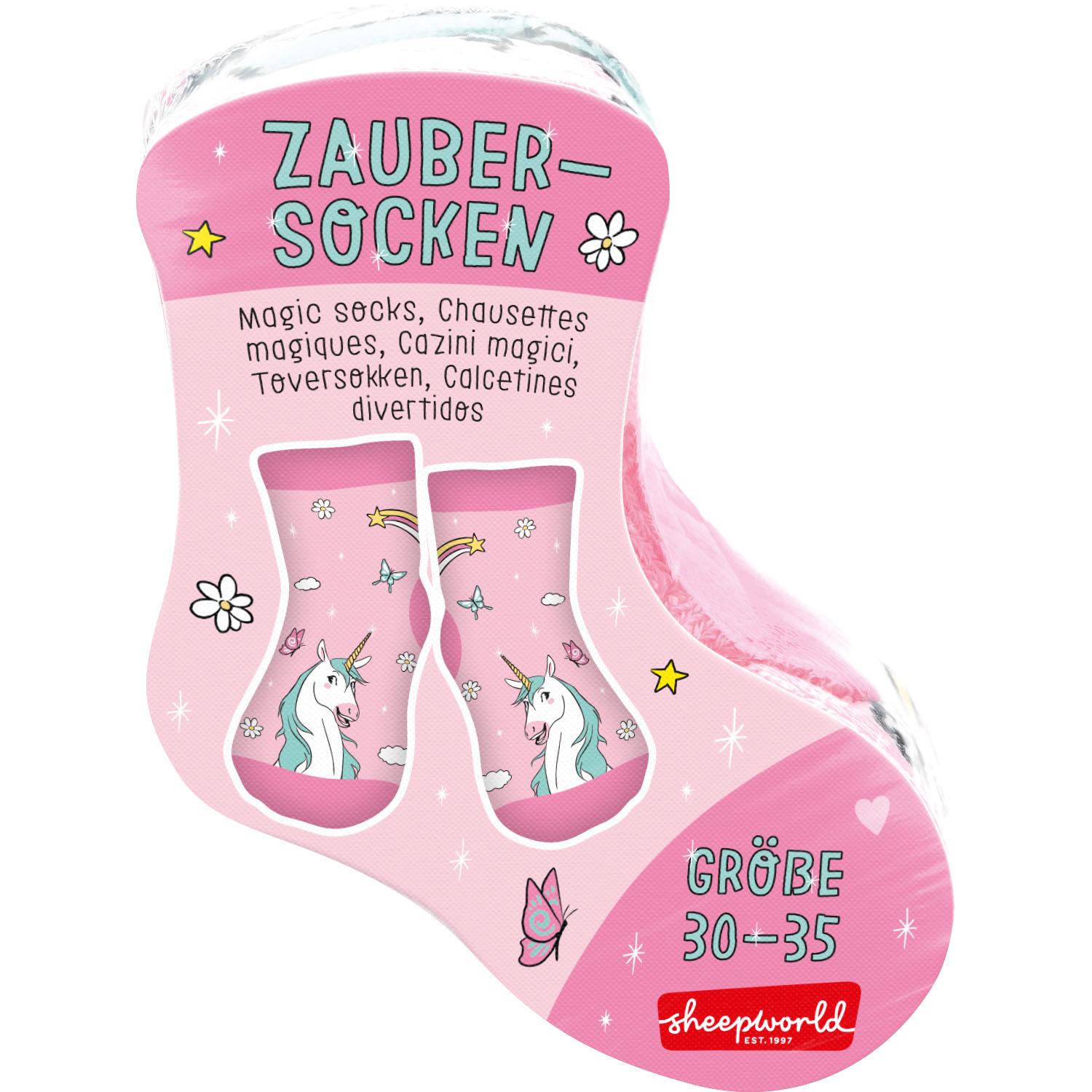 Rosa Zaubersocke mit Einhorn-Motiv, Regenbogen und Sternen – Größe 30–35