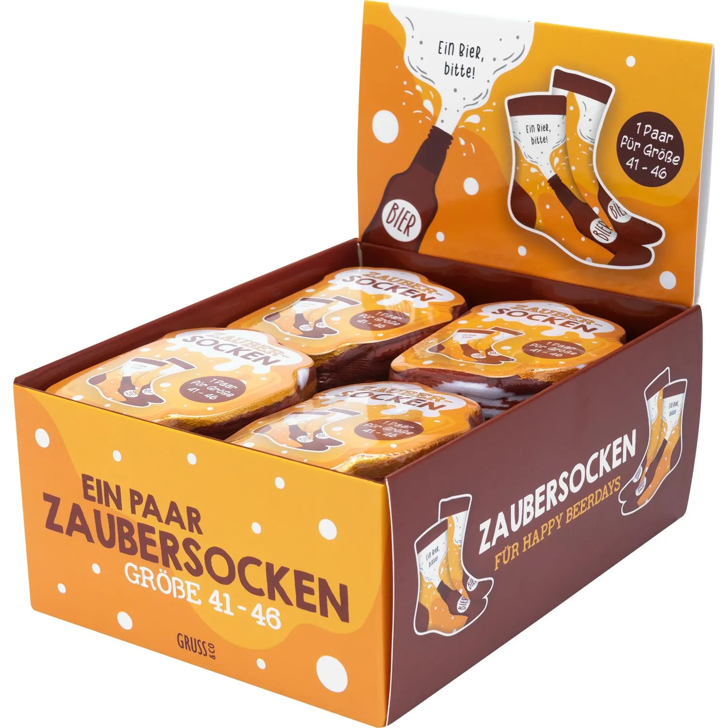 Zaubersocken mit Bier-Motiv und Spruch 'Ein Bier, bitte!' in orangen Display-Box, Größe 41–46