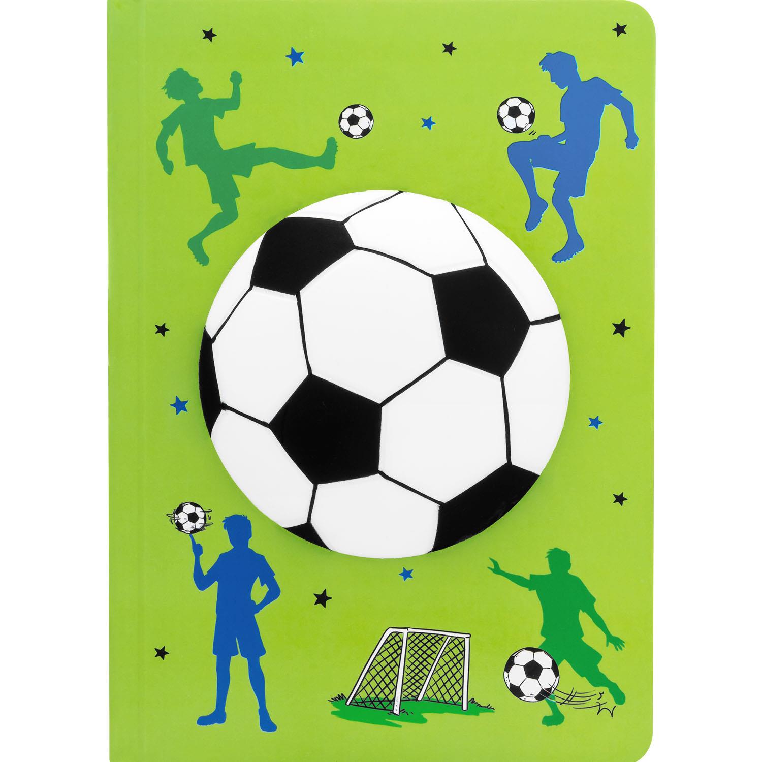 Notizbuch Fußball mit grünem Cover und Ball-Druck, Knautschball vorne, Hardcover, DIN A5