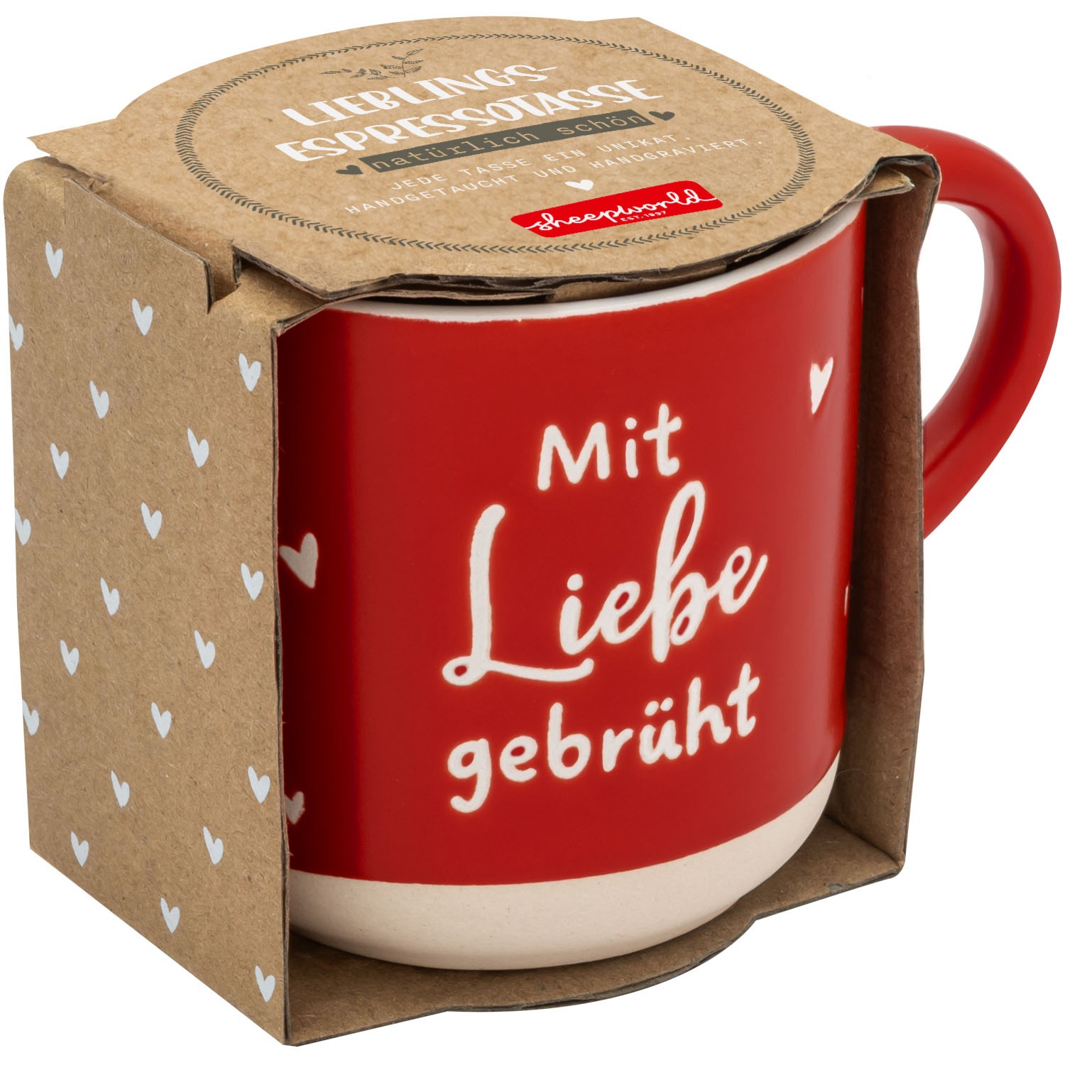 Rote Espressotasse mit weißem Schriftzug Mit Liebe gebrüht in Geschenkverpackung